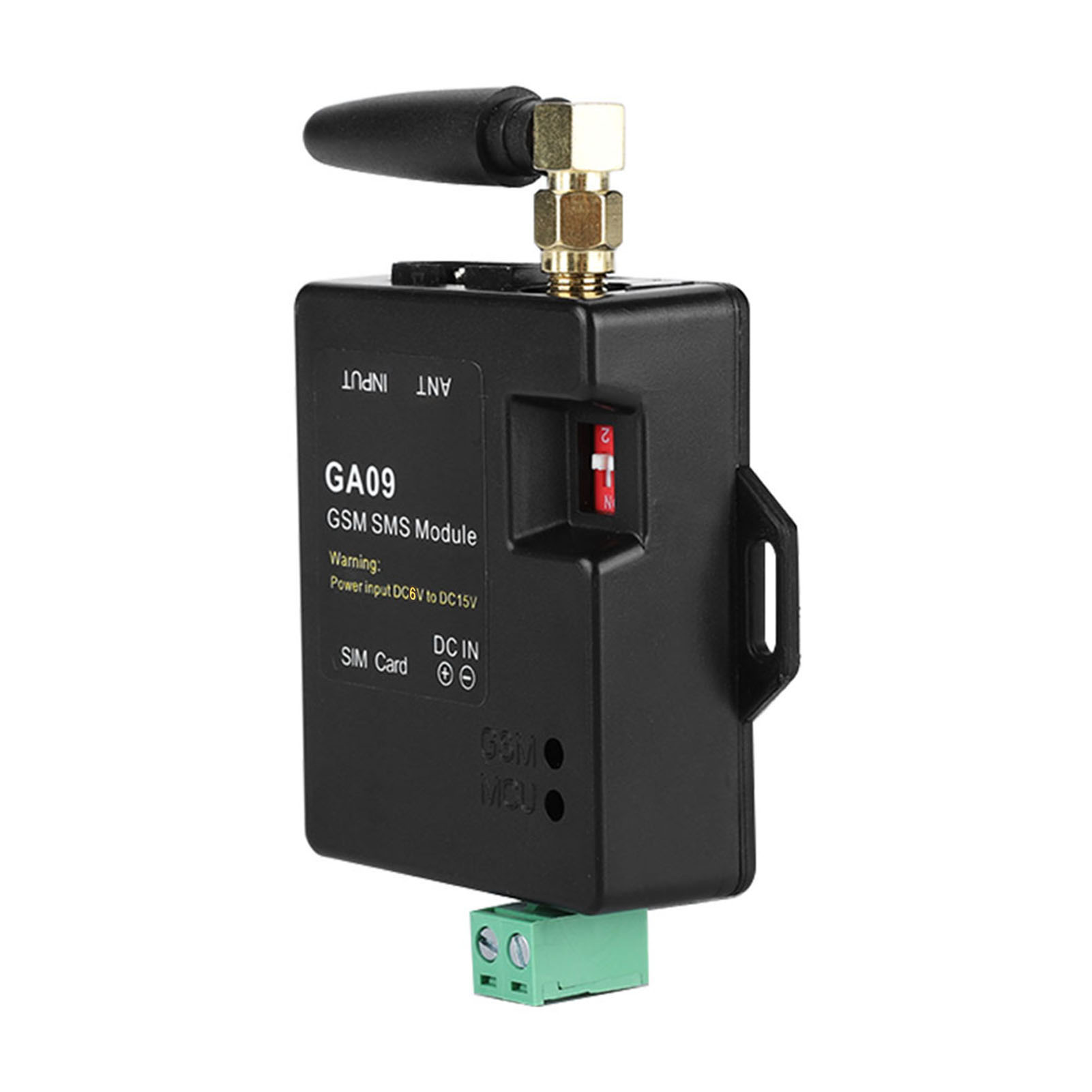 Schwarzes GSM-SMS-Modul mit Antenne, SIM-Kartensteckplatz und Schalter.