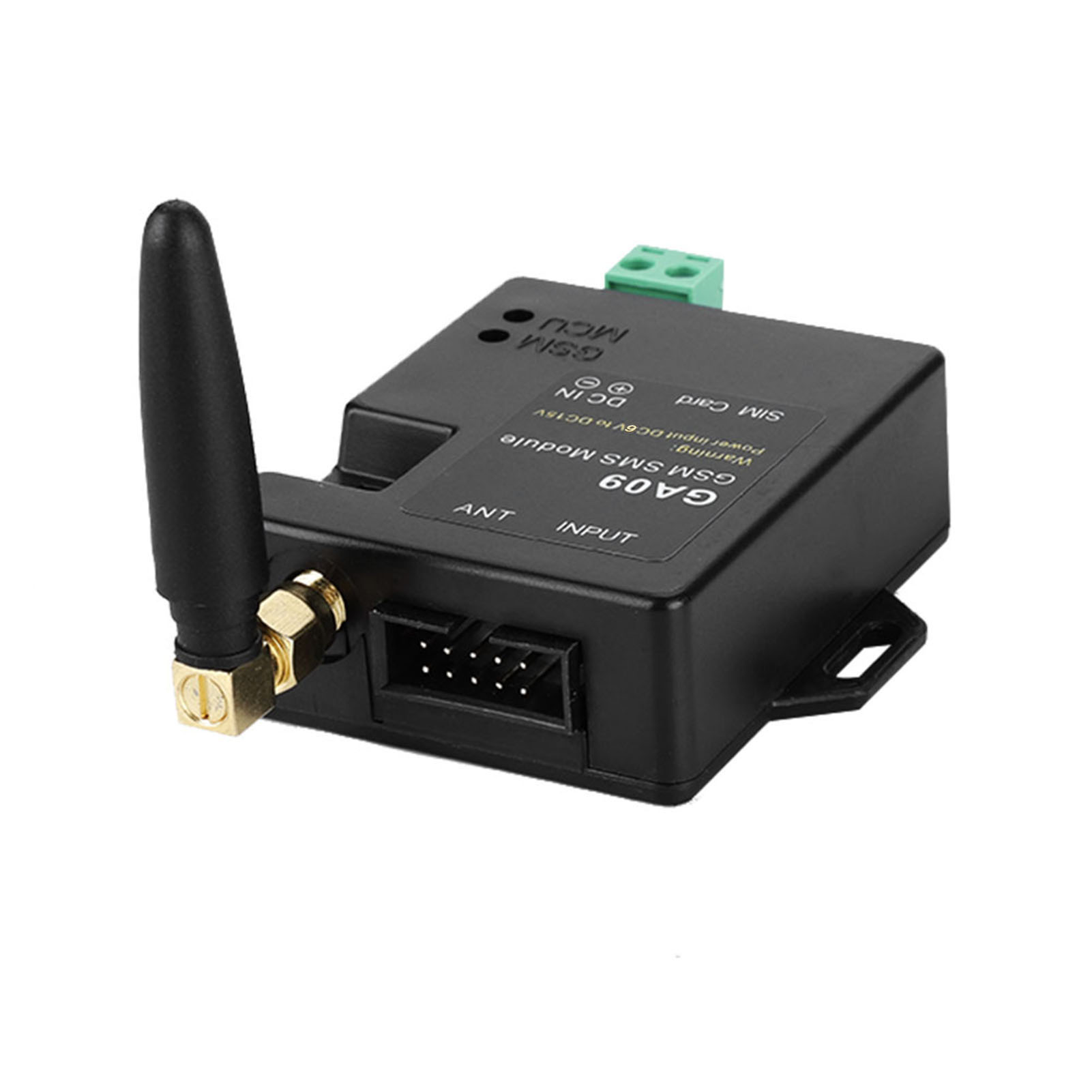 Schwarzes elektronisches Gerät mit Antenne, Eingängen und SIM-Kartensteckplatz.