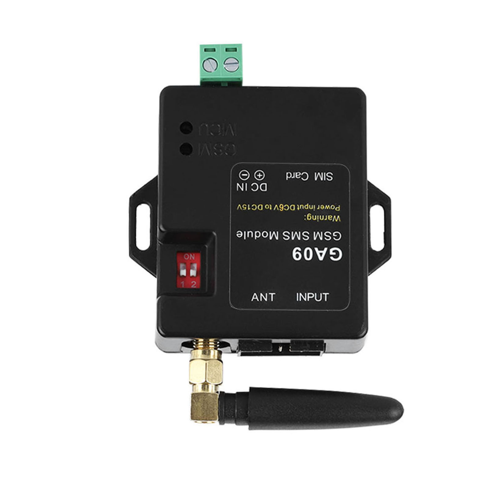 Ein schwarzes GSM-SMS-Modul. Es hat SIM-Karte, DC IN und Antennenanschlüsse. Weißer Hintergrund.