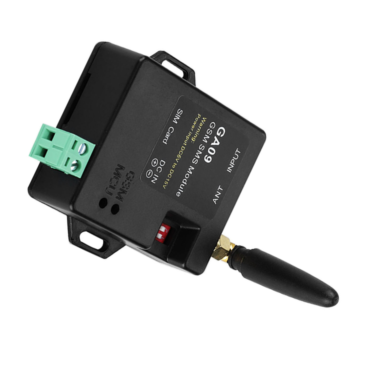 Schwarzes GSM-SMS-Modul mit Antenne, grünem Anschluss und beschrifteten Komponenten.