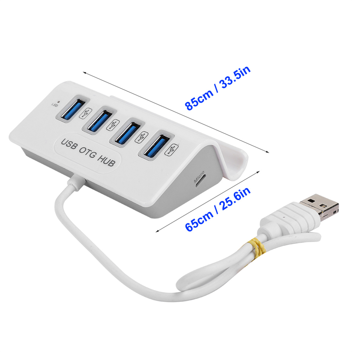 Weißer USB-OTG-HUB mit mehreren Anschlüssen und einem angeschlossenen USB-Kabel, Abmessungen beschriftet.