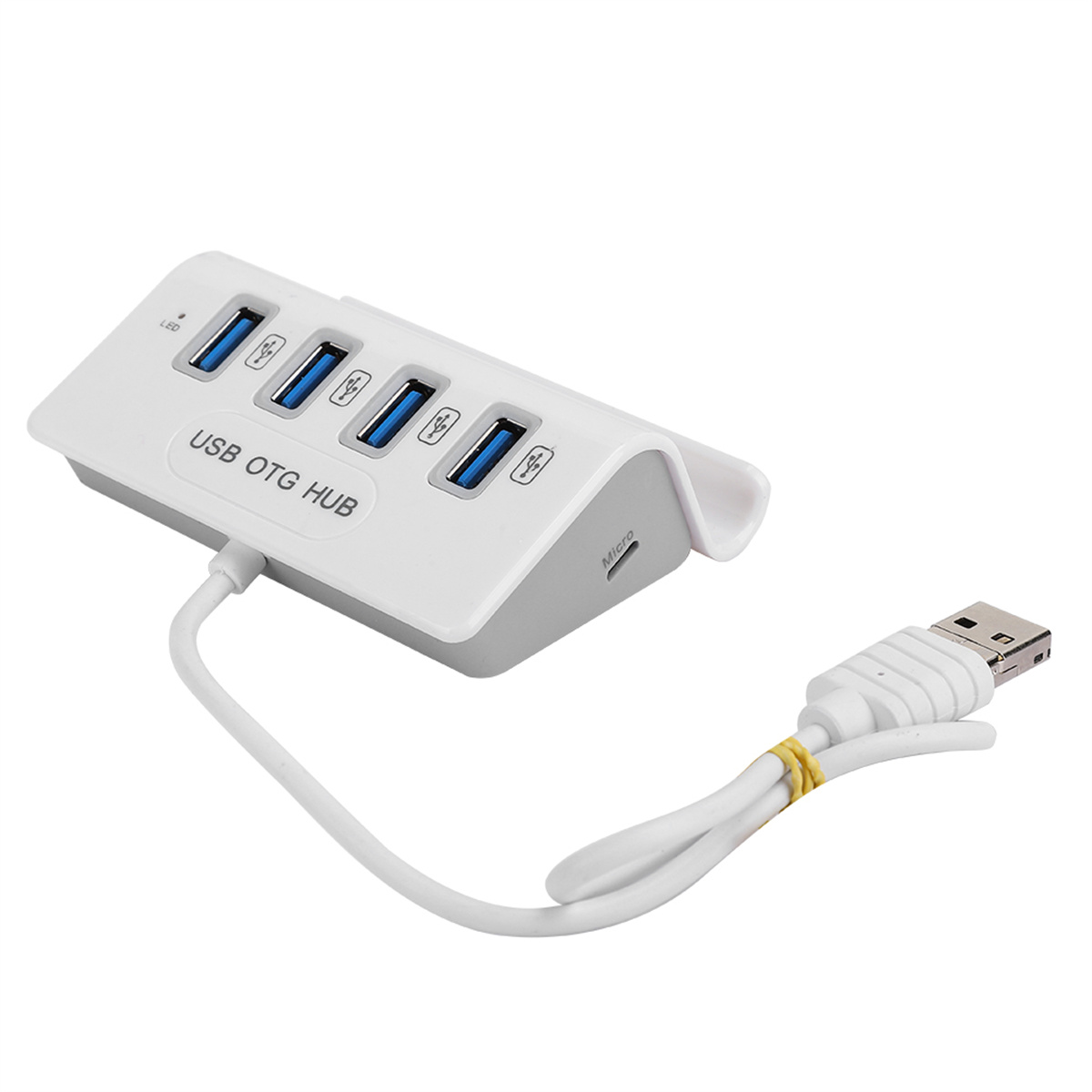 Weißer und grauer USB-OTG-Hub mit 4 Anschlüssen, einem Micro-USB-Anschluss und einem USB-Kabel.