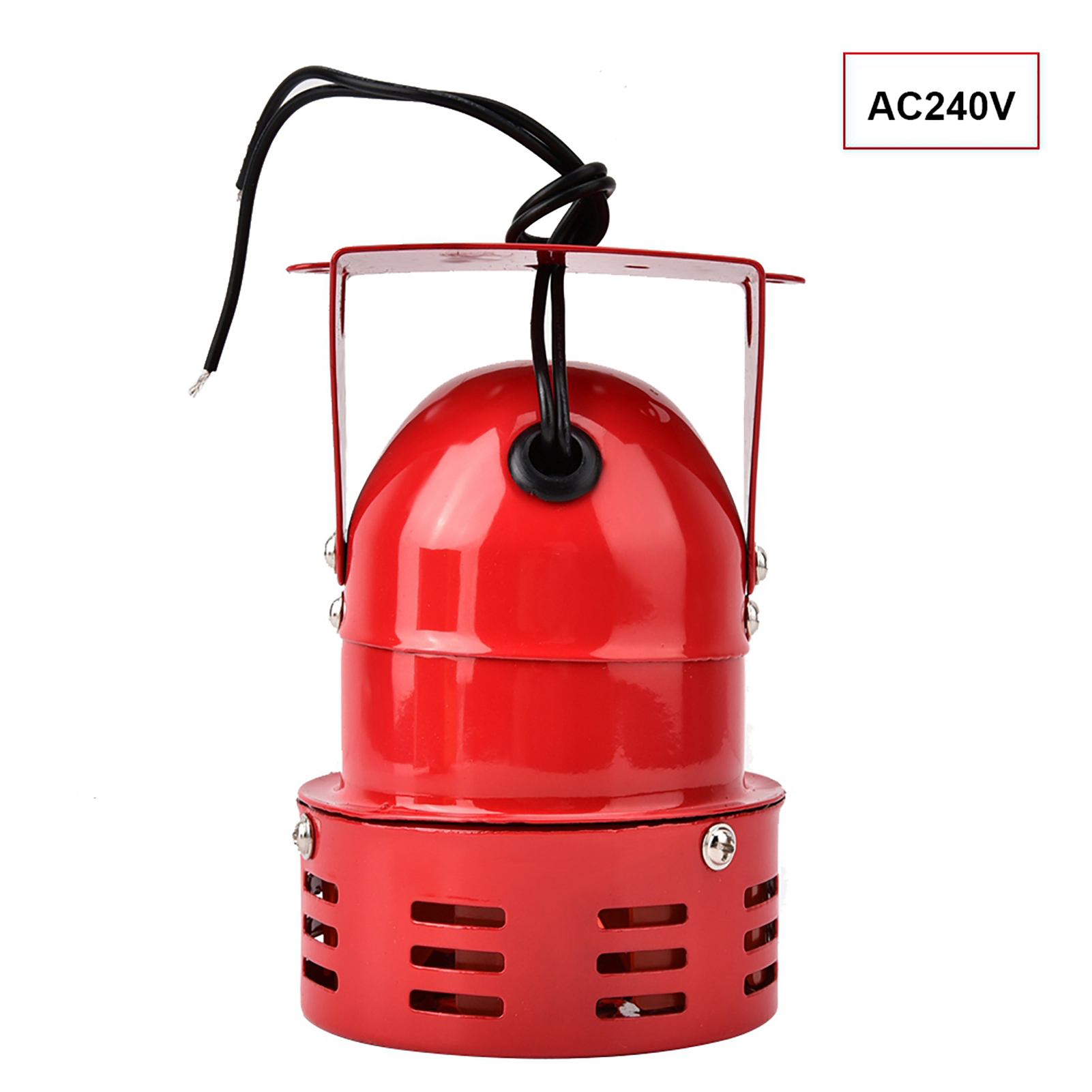 Rote Alarmsirene mit schwarzen Drähten. Metallgehäuse, AC240V-Etikett. Weißer Hintergrund. Studioaufnahme.