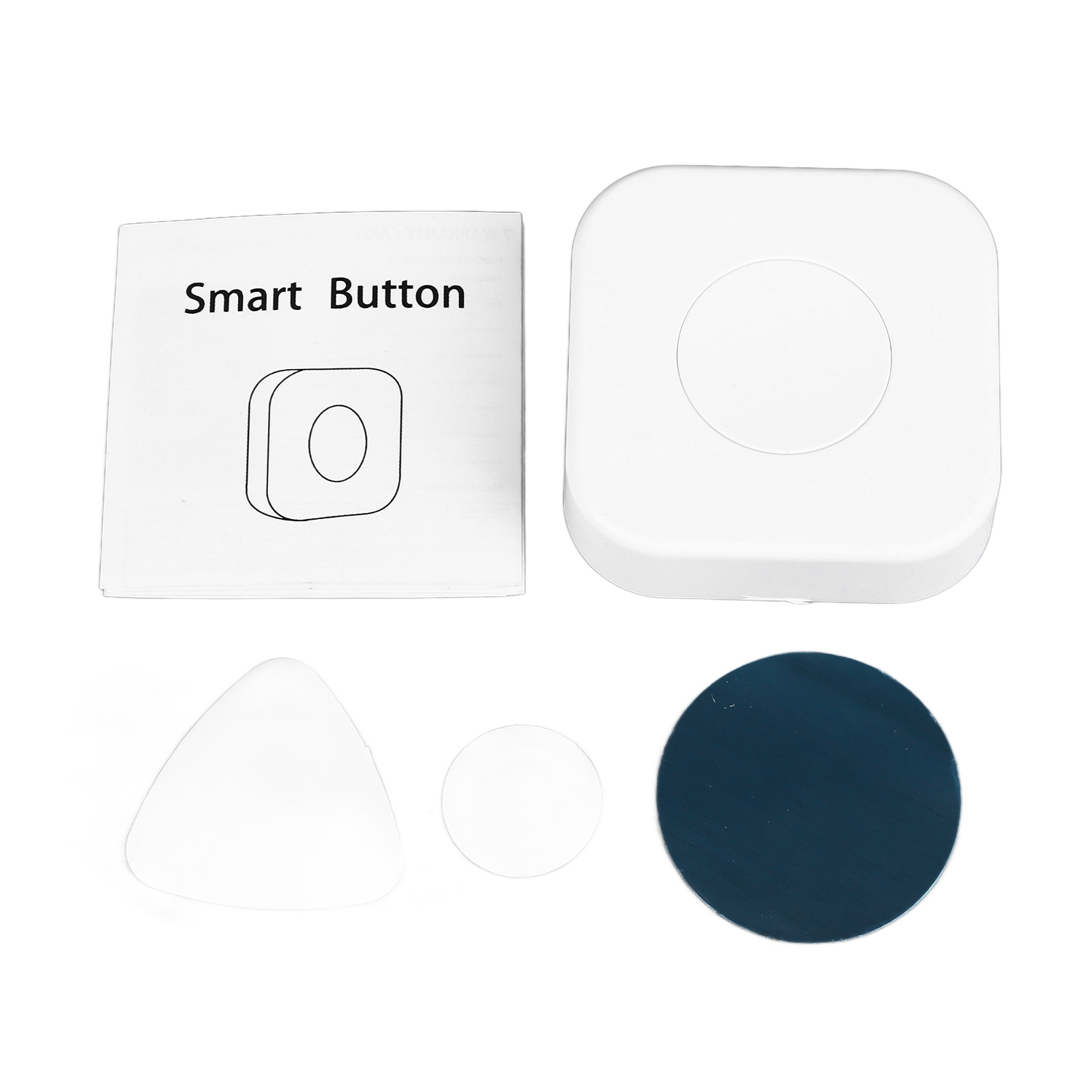 Weißes Smart-Button-Set. Enthält einen Knopf, einen Halter und eine Anleitung. Weißer Hintergrund.