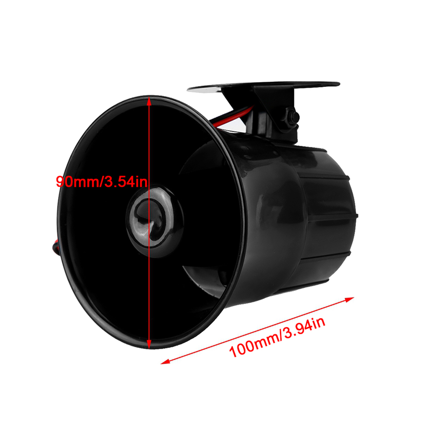 Eine schwarze Autoalarmsirene mit Abmessungen: 90 mm Durchmesser und 100 mm Länge.