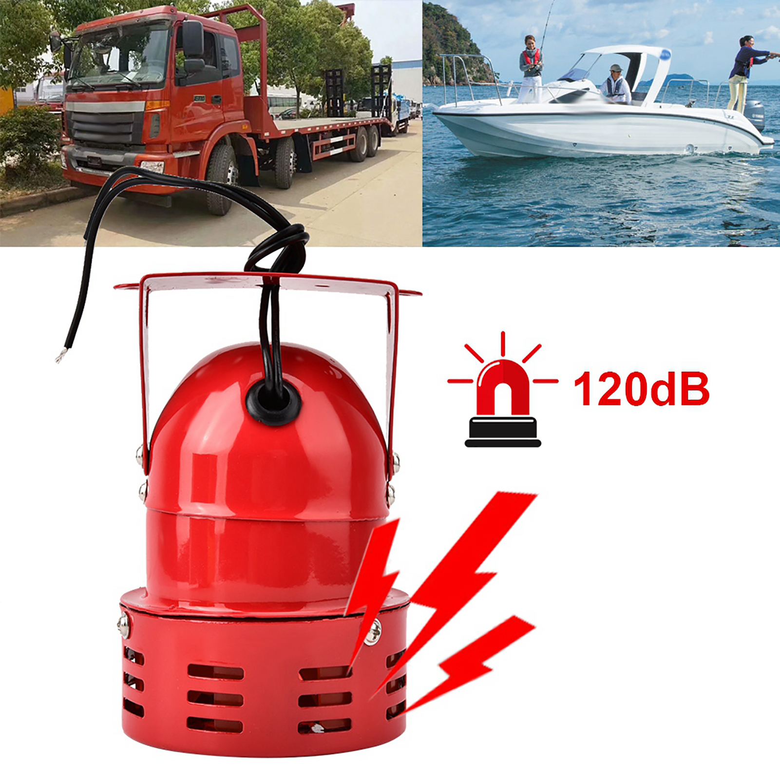 Rote Sirene auf Sockel, mit Bildern von LKW und Boot. Text: 120dB. Rote Blitze.