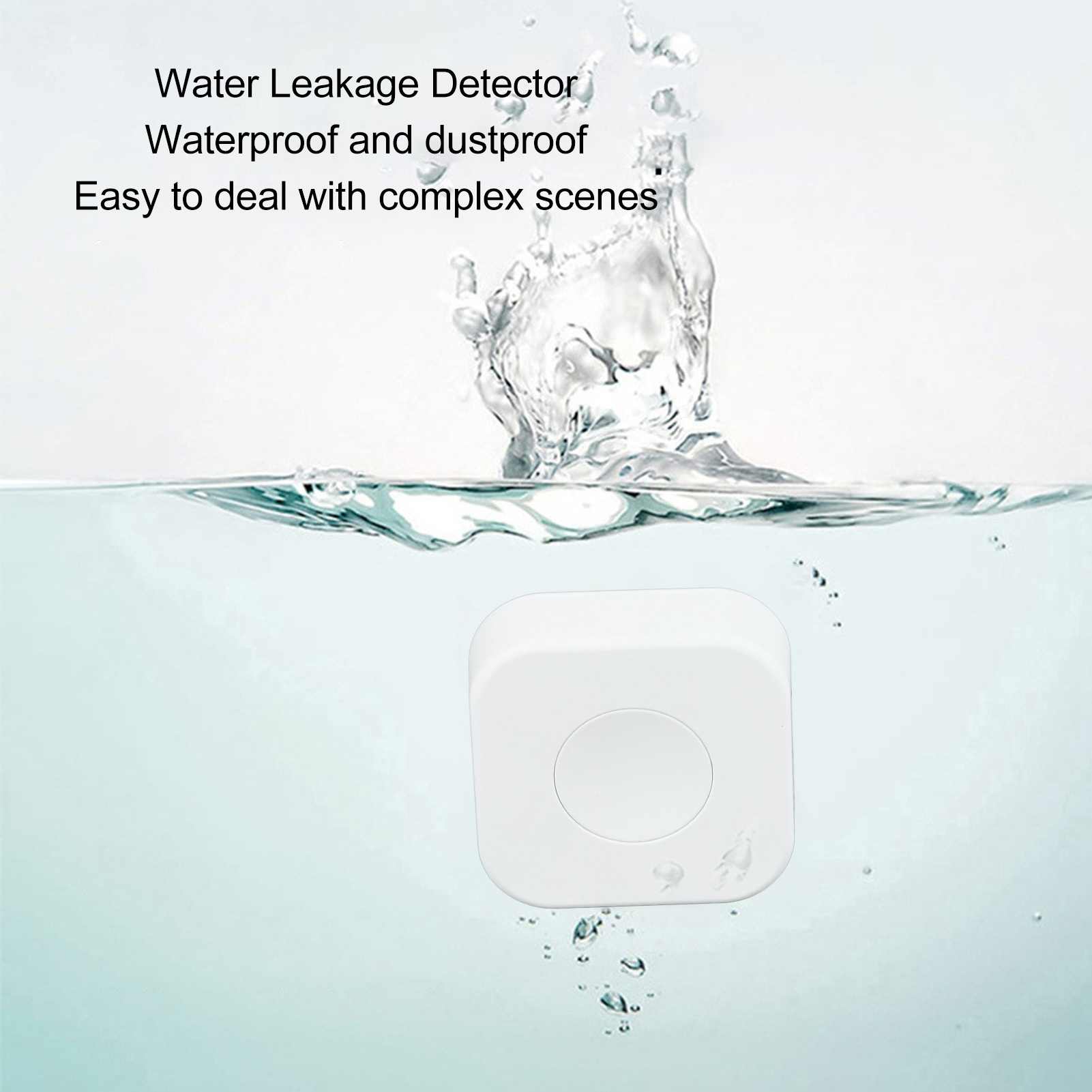 Weißer quadratischer Wassersensor in Wasser getaucht. Text-Overlay zeigt Wasser- und Staubschutzfunktionen.