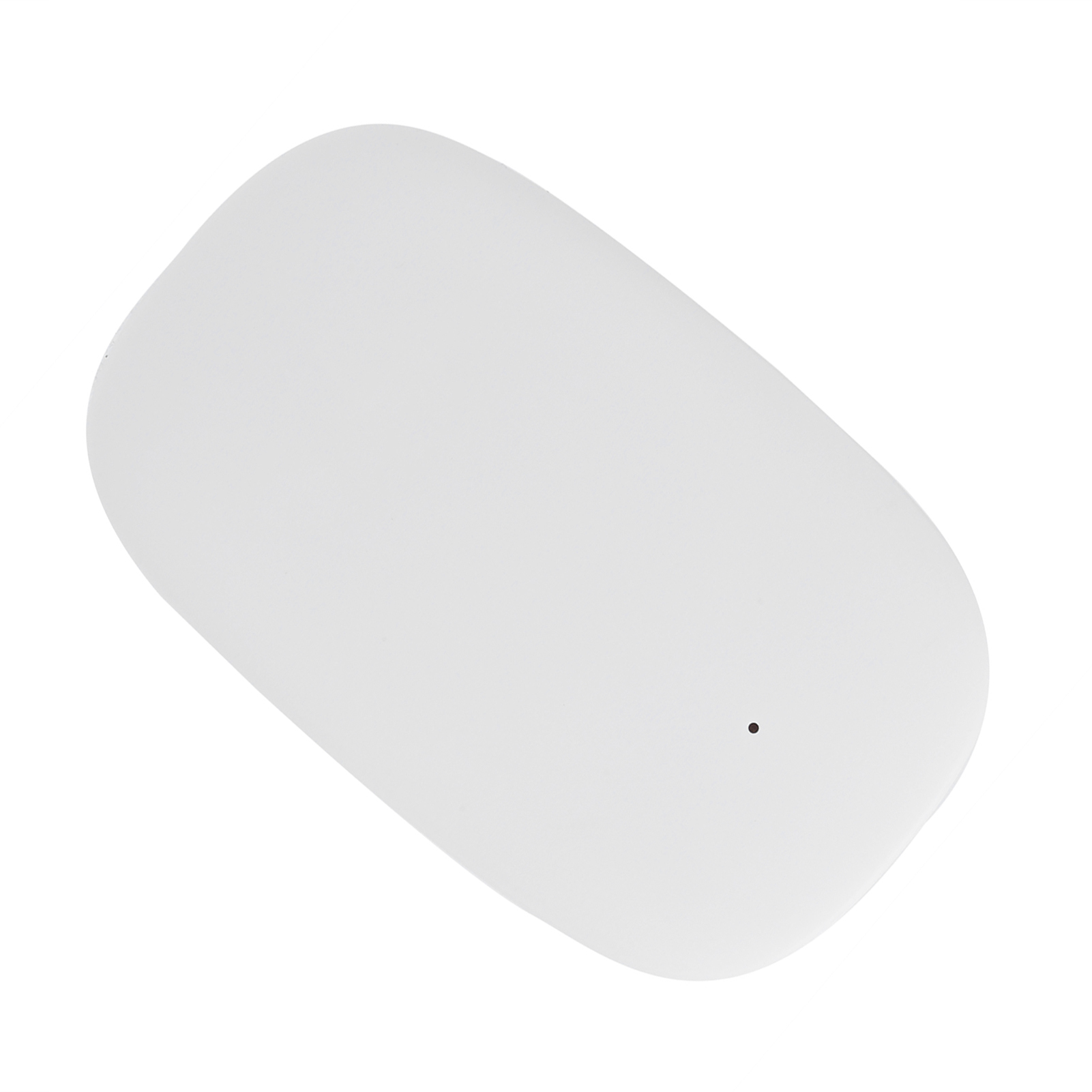 Weiße, ovale Computermaus mit einem kleinen schwarzen Punkt.