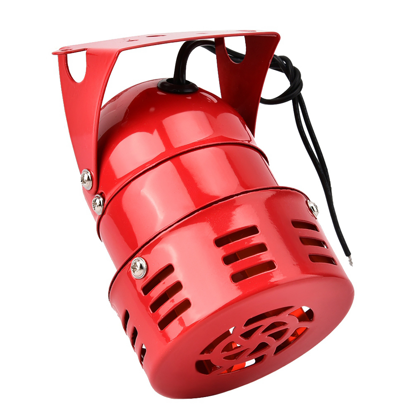 Roter Alarm mit Halterung. Es hat Löcher für den Ton und einen schwarzen Draht.