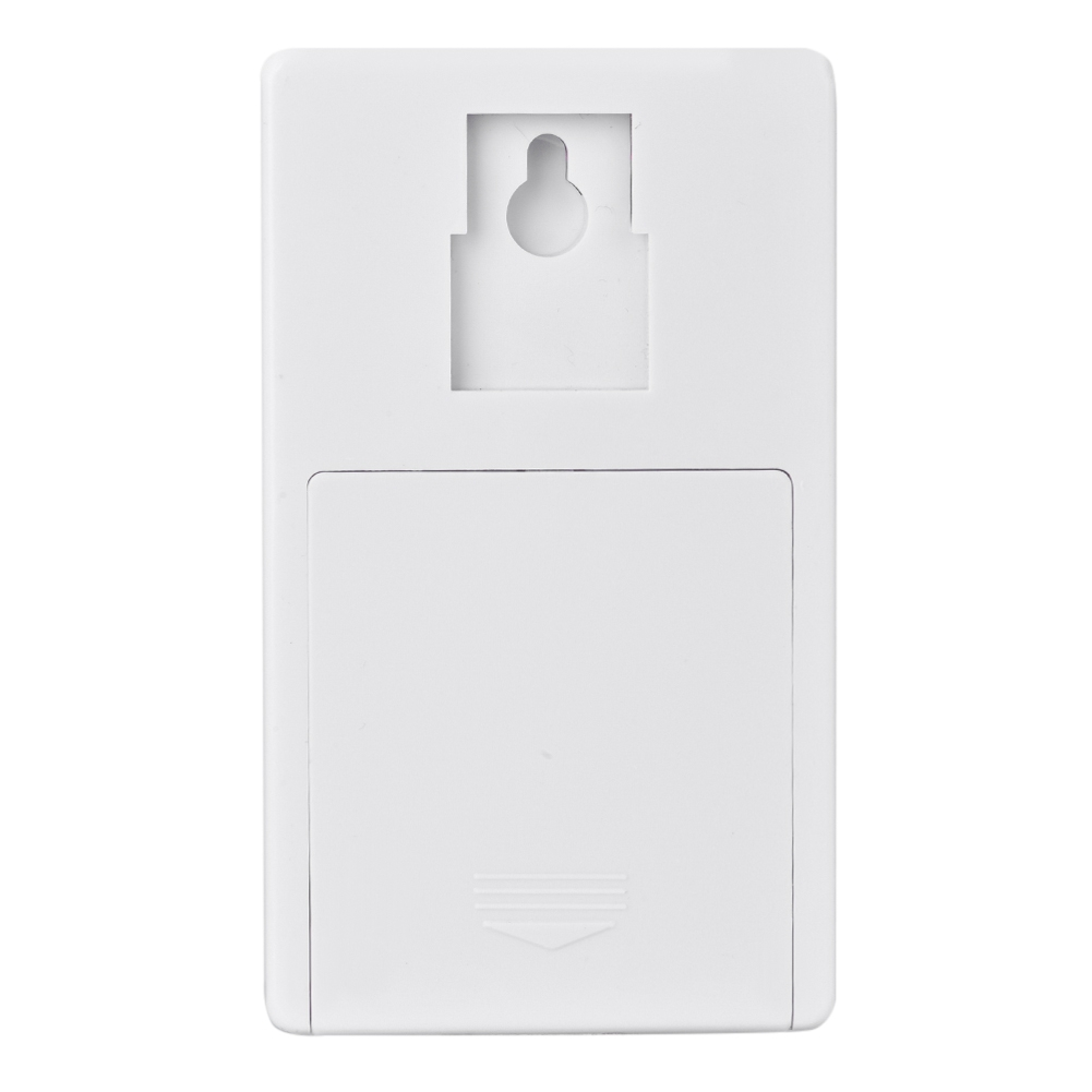 R ückseite eines weißen Geräts mit Loch und Batteriefach, Pfeil nach unten.