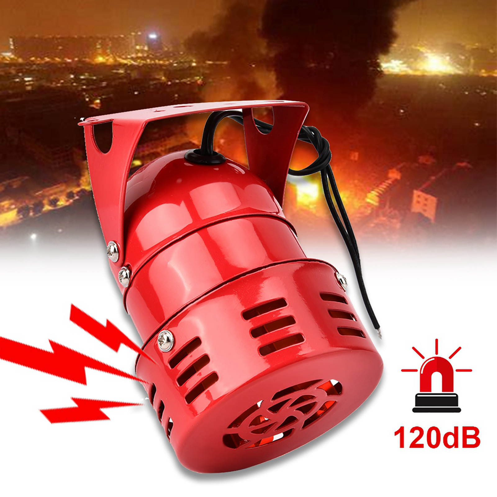 Rote Sirene mit brennender Stadt im Hintergrund. Rote Blitze gehen von der Sirene aus.