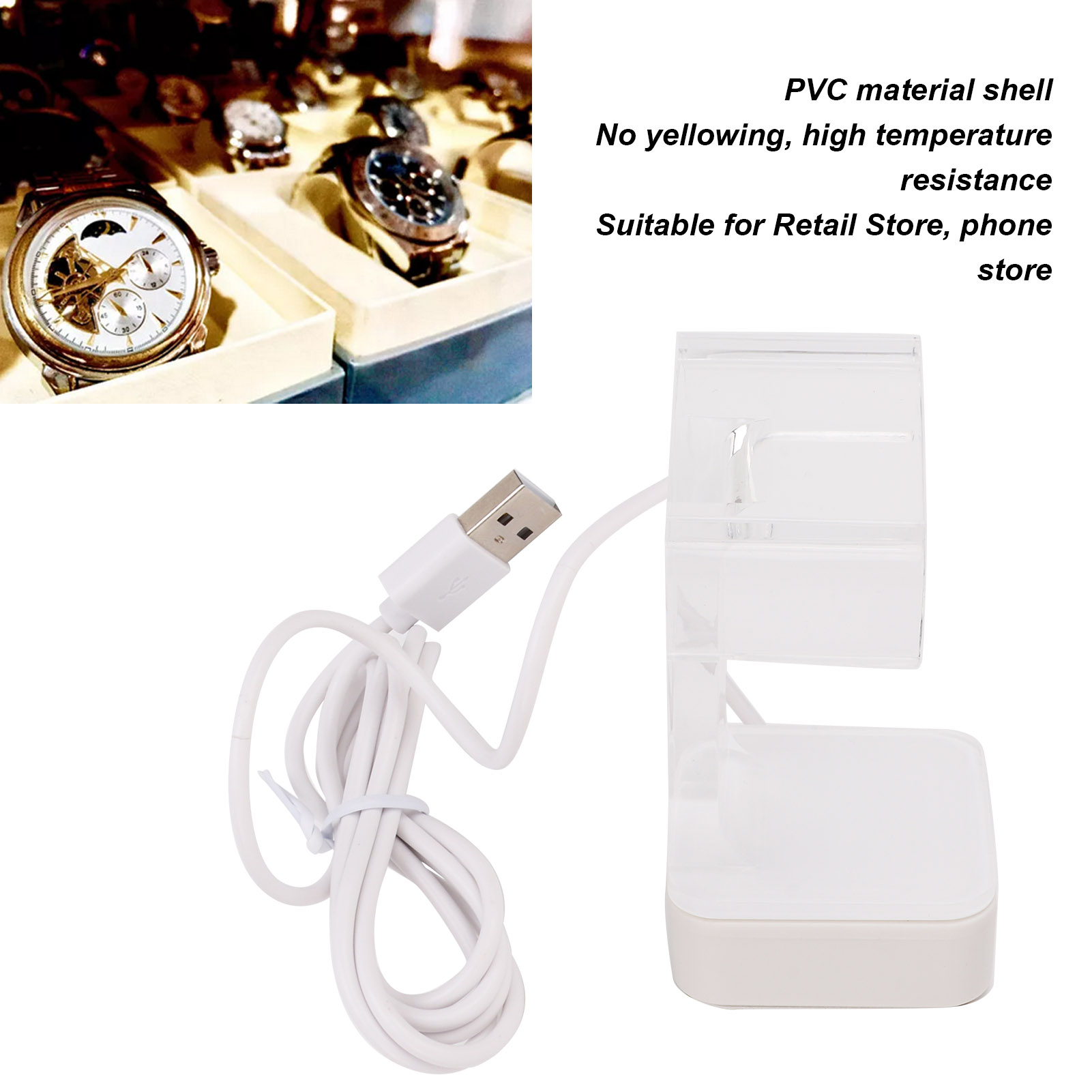 Ein klarer Uhrenständer mit Uhren und einem USB-Kabel und einem Handyladen.