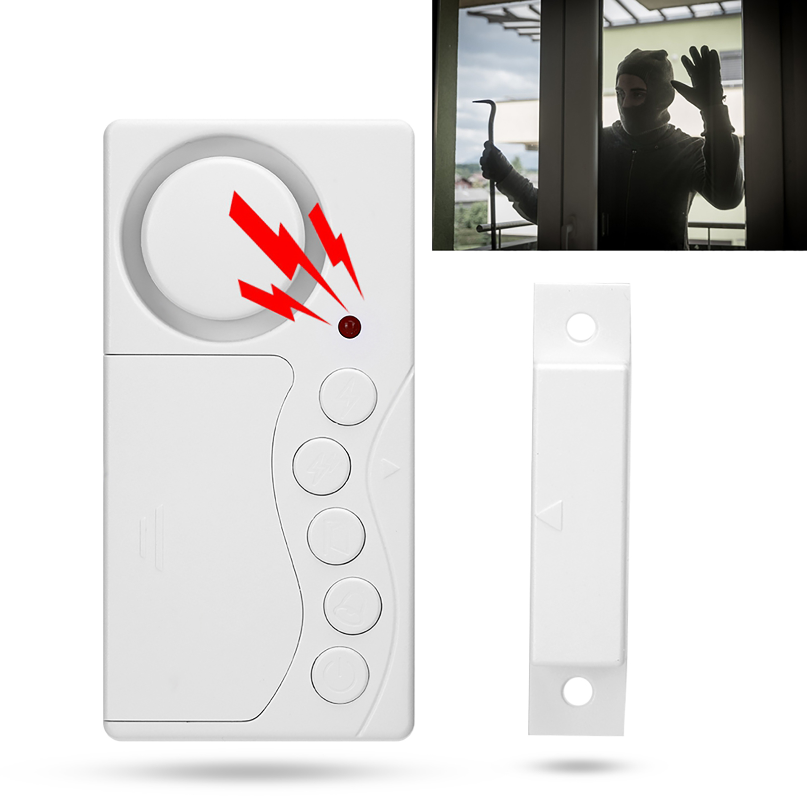Weißer Alarmsensor mit einer Person mit Maske und Brecheisen im Hintergrund.