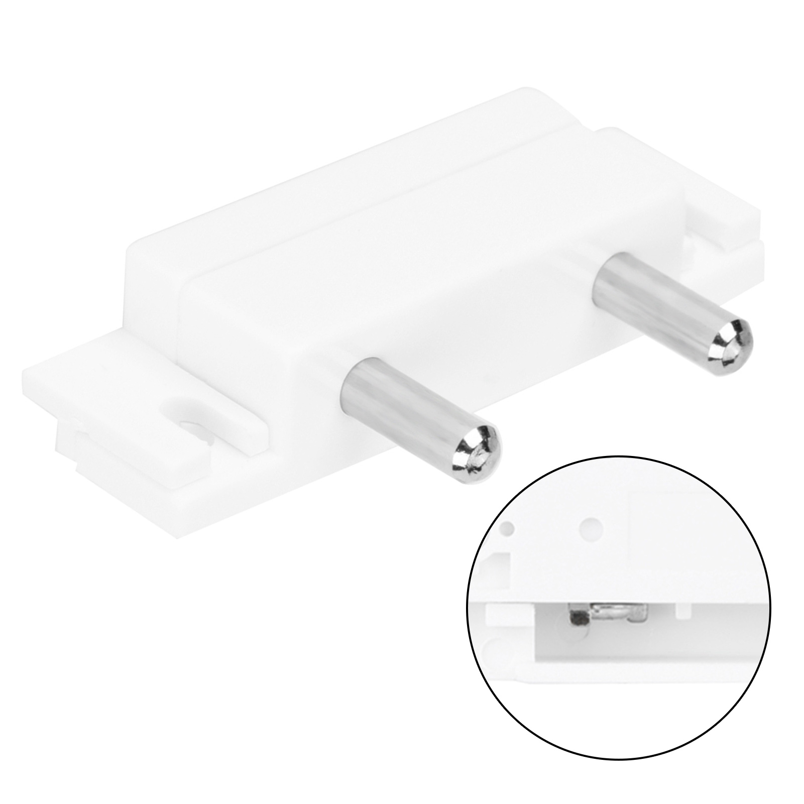 Weißes elektrisches Bauteil mit zwei Metallstiften. Eine Nahaufnahme zeigt einen kleinen internen Mechanismus.