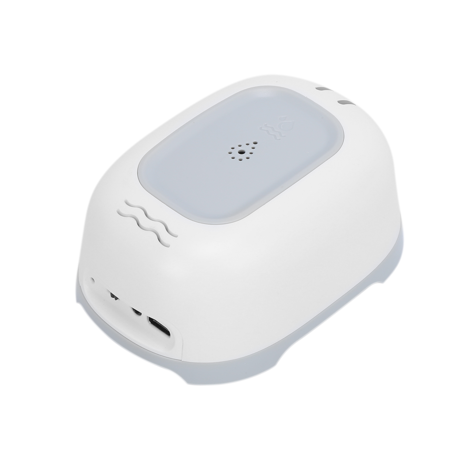 Ein weißes Gerät mit grauem Oberteil, mit Lautsprecher und USB-Anschluss, isoliert auf Weiß.
