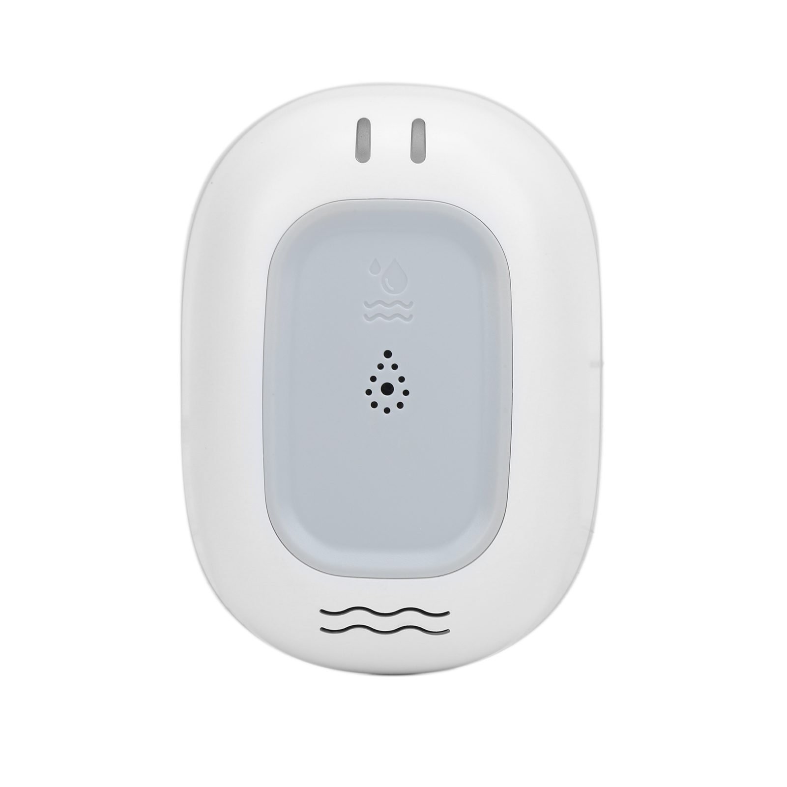 Ein weißer, oval geformter Wassersensor mit grauem Mittelteil. Er hat Wasserwellensymbole und einen Lautsprecher.