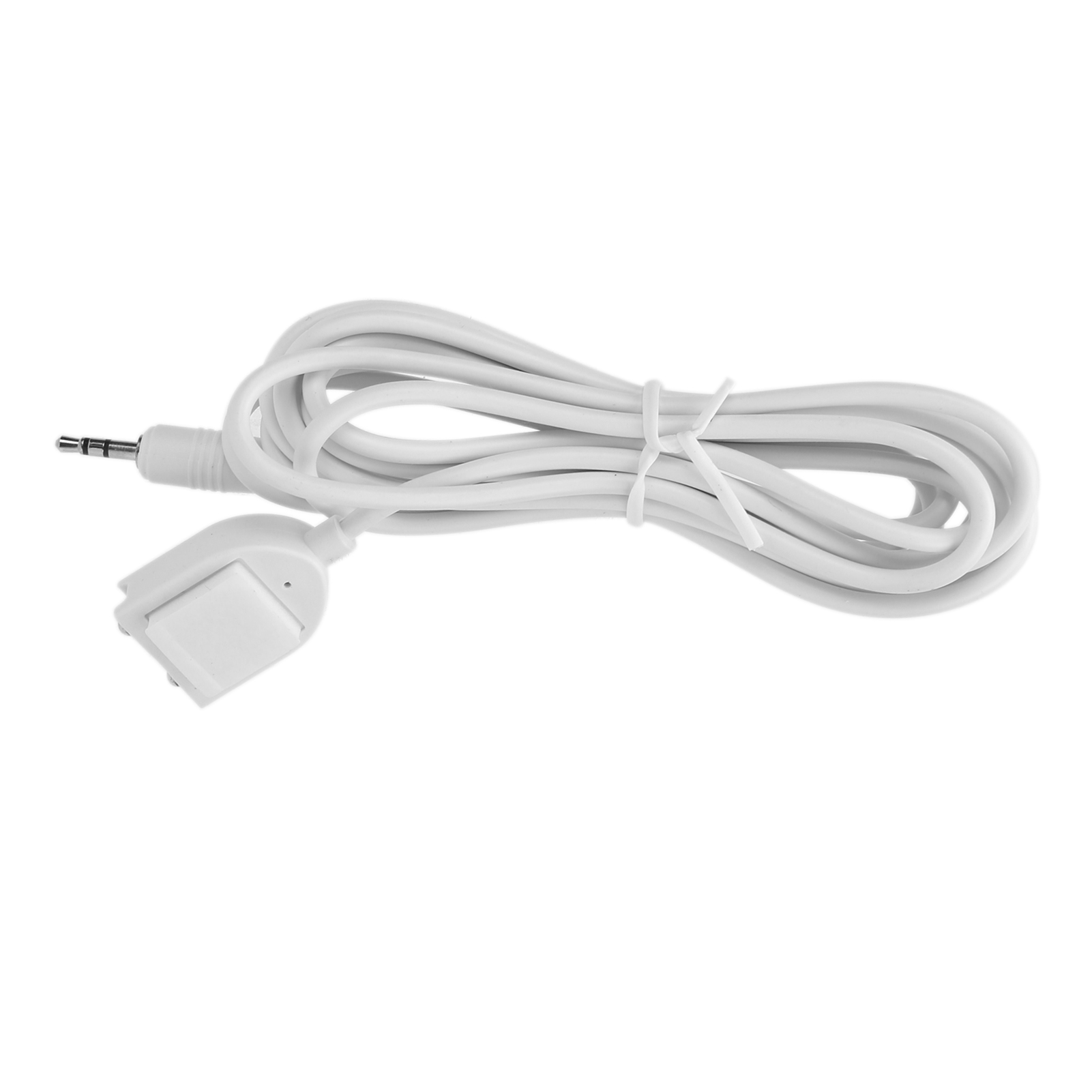 Ein weißes Kabel mit einem 3,5-mm-Klinkenstecker an einem Ende und einem weißen Stecker am anderen.