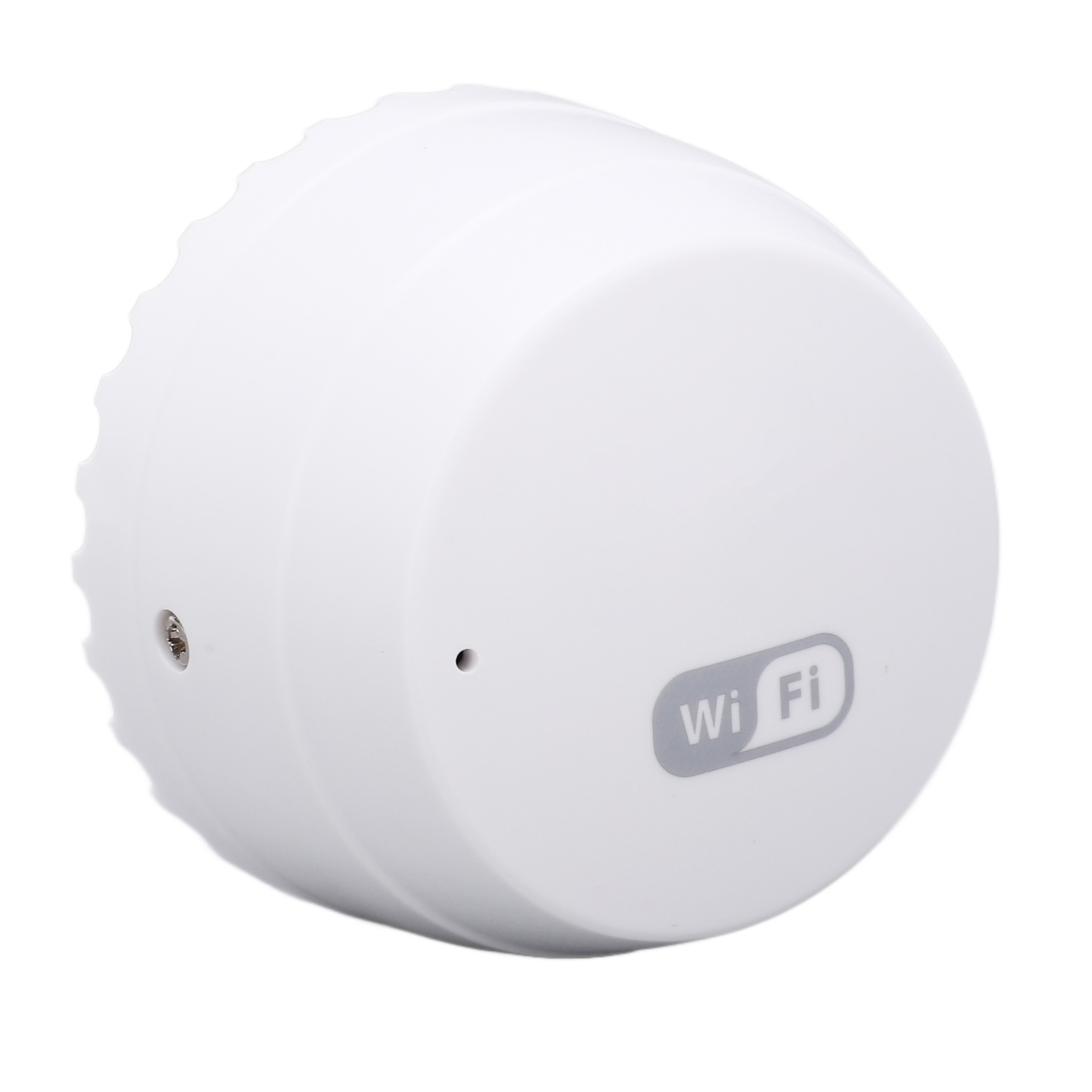 Weißes Wi-Fi-Gerät mit den Worten "Wi Fi" darauf, isoliert auf weißem Hintergrund.