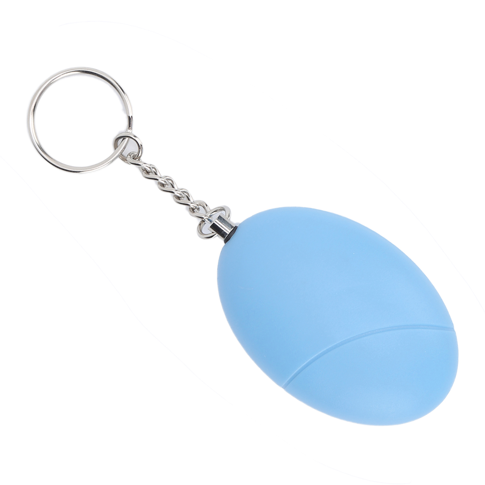Ein blaues, oval geformtes Schlüsselanhänger mit einer silbernen Kette und einem Ring.