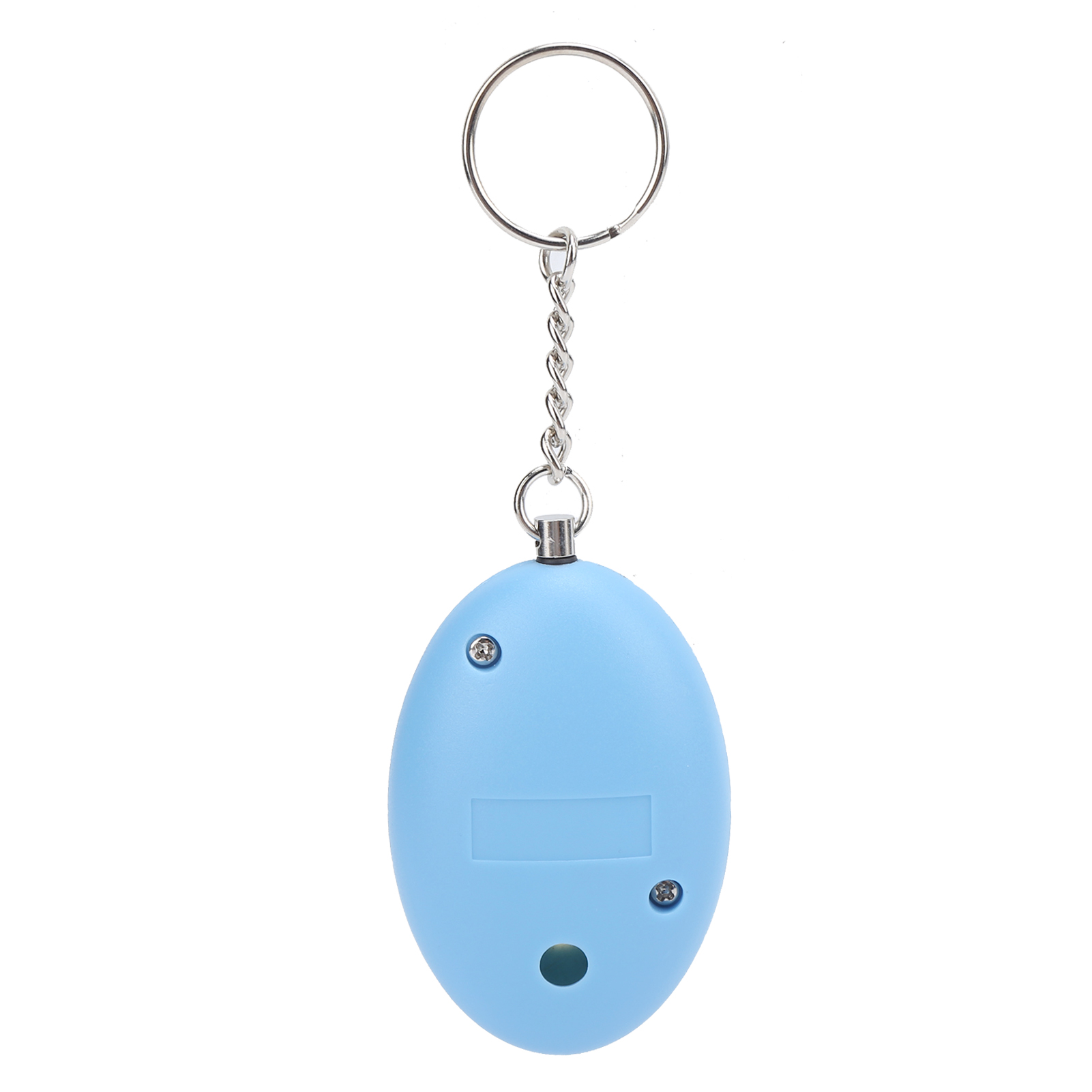 Blauer, ovaler Schlüsselanhänger-Alarm. Silberne Kette und Ring. Zwei Schrauben und ein Knopf vorne.
