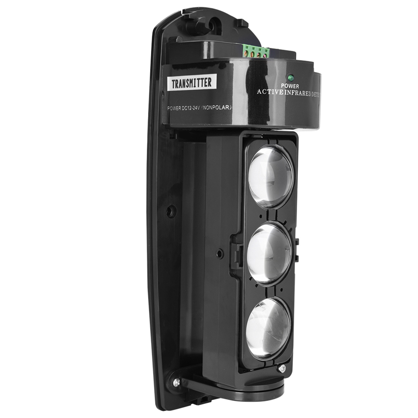 Schwarzer Infrarotsensor mit drei transparenten Linsen. Er ist an einer Halterung befestigt.