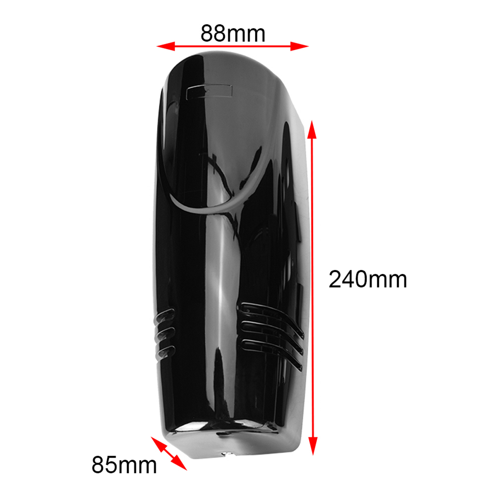 Abmessungen eines Objekts. Es ist schwarz. Maße: 88 mm x 240 mm x 85 mm.