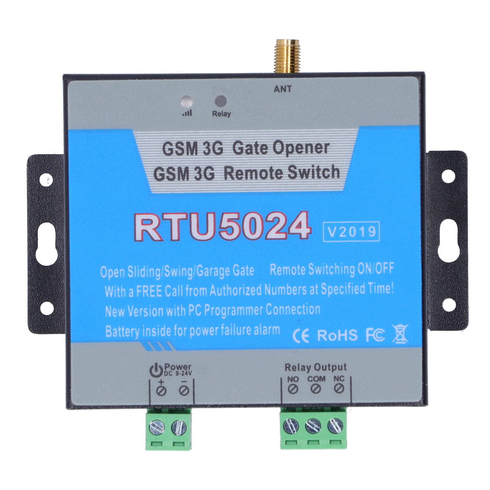 Grauer GSM 3G Gate Opener mit RTU5024 darauf. Es hat Anschlüsse und eine Antenne.