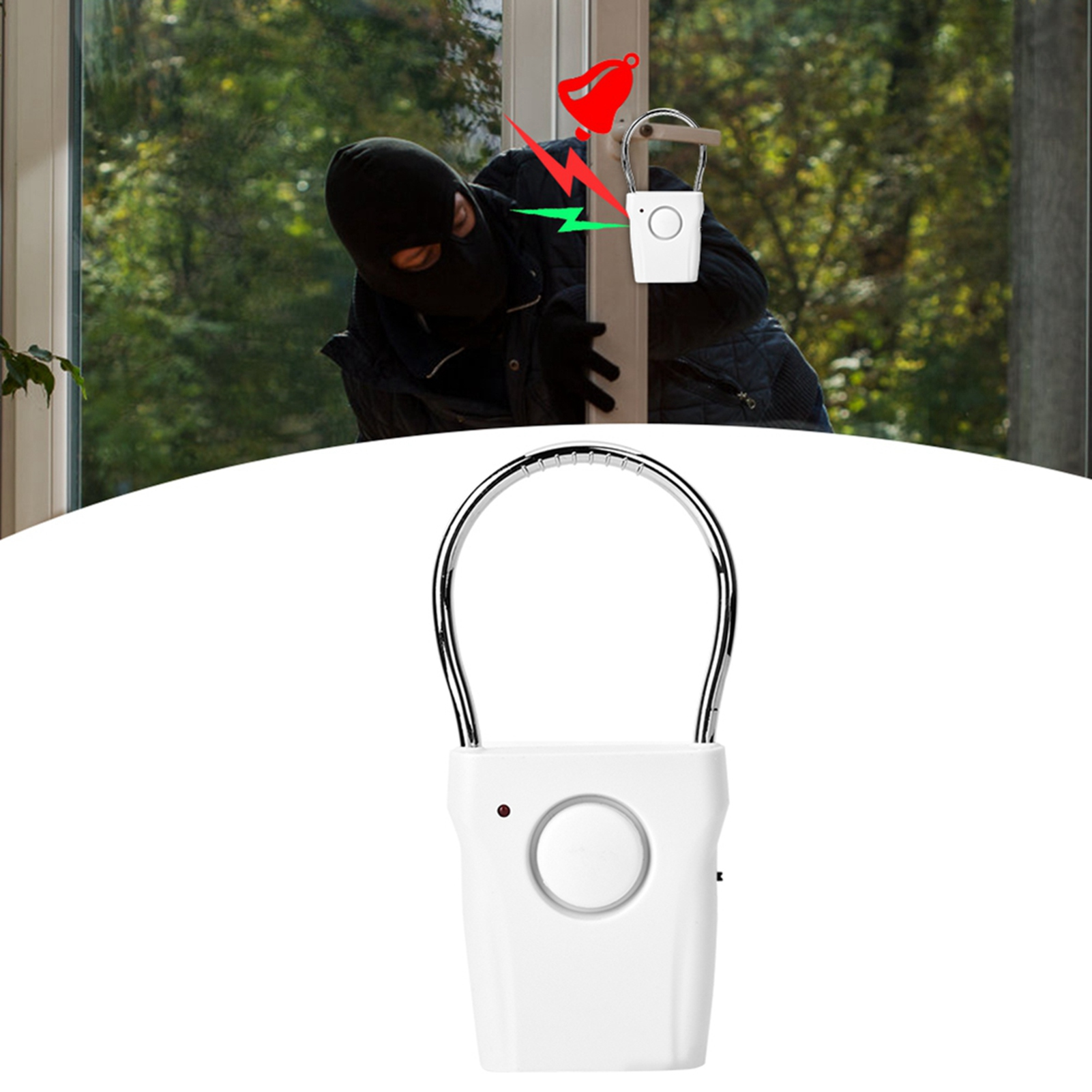 Ein Alarmschloss wird gezeigt. Ein Mann mit schwarzer Maske steht an einer Tür.