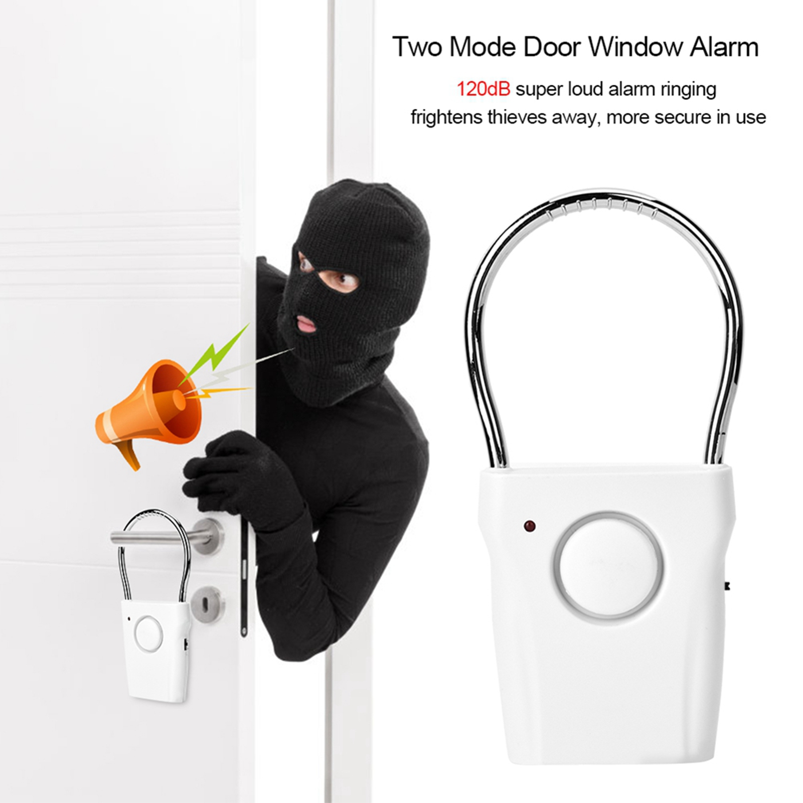 Ein Einbrecher in Schwarz mit Maske und ein weißes Alarmsystem an einer Tür.