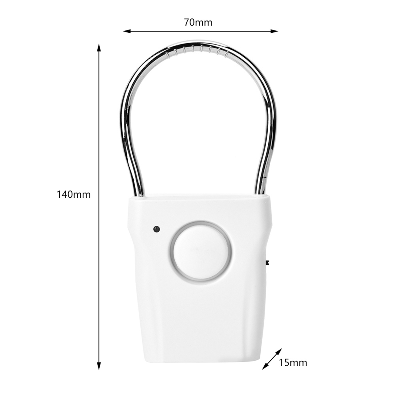 Weißes Smart Lock mit gebogenem Griff, Knopf und Maßangaben. Ein Schlüsselloch ist nicht sichtbar.