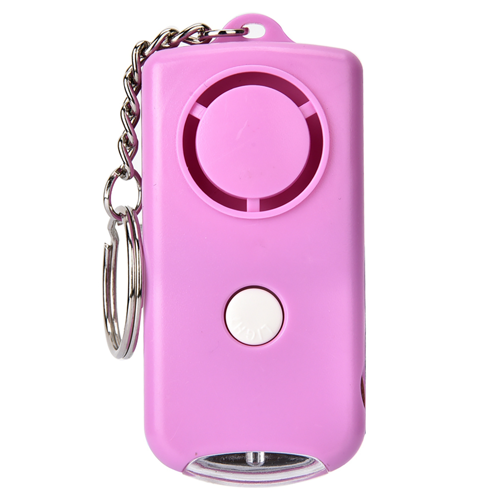 Ein rosa persönlicher Alarm mit Schlüsselring. Er hat einen Knopf und einen Lautsprecher.