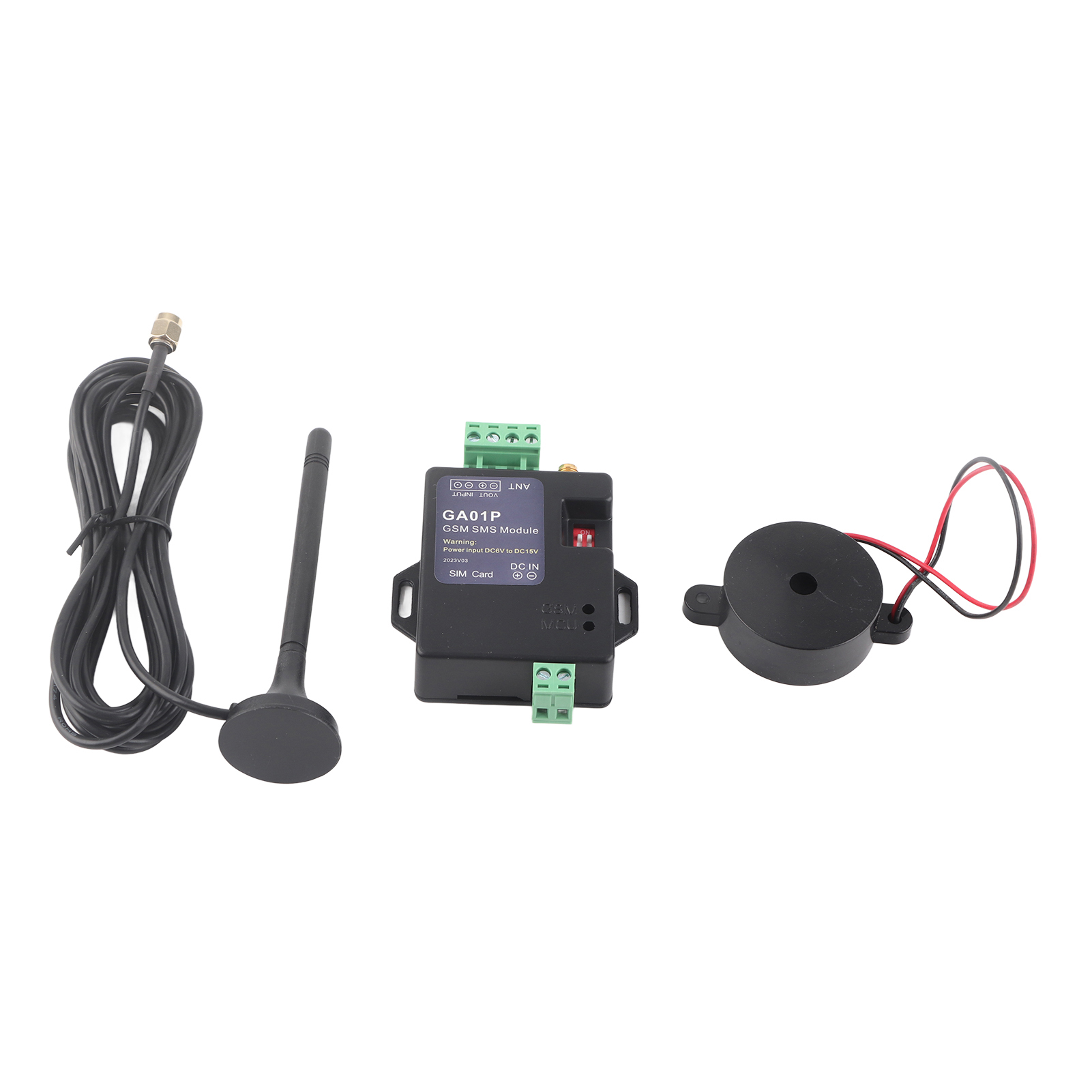 GA01P GSM SMS Modul mit Antennen und Zubehör. Schwarz, mit schwarzer Antenne und schwarzem Summer.