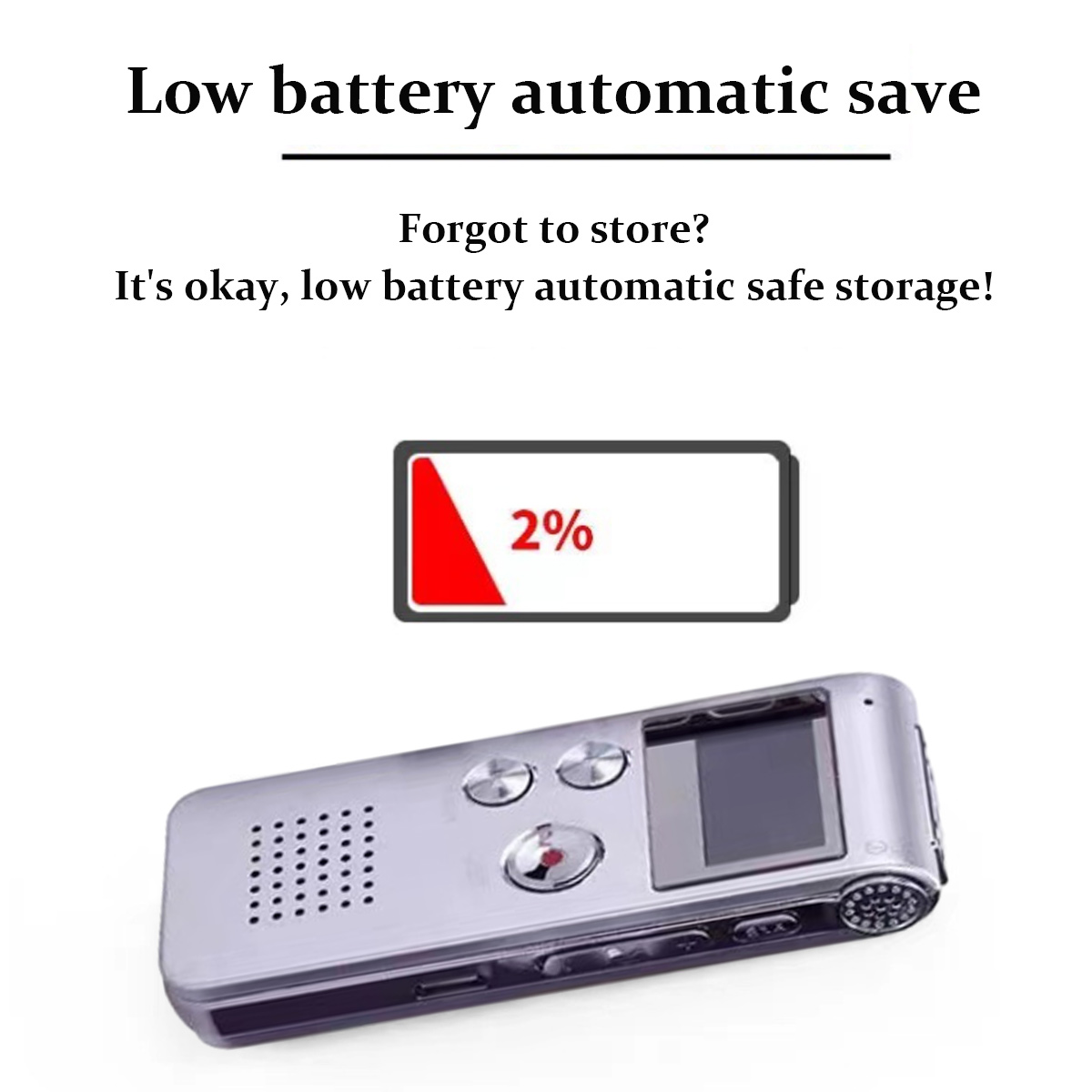 Silberner Rekorder mit niedrigem Batteriestand. Text: Automatisches Speichern bei niedrigem Batteriestand.