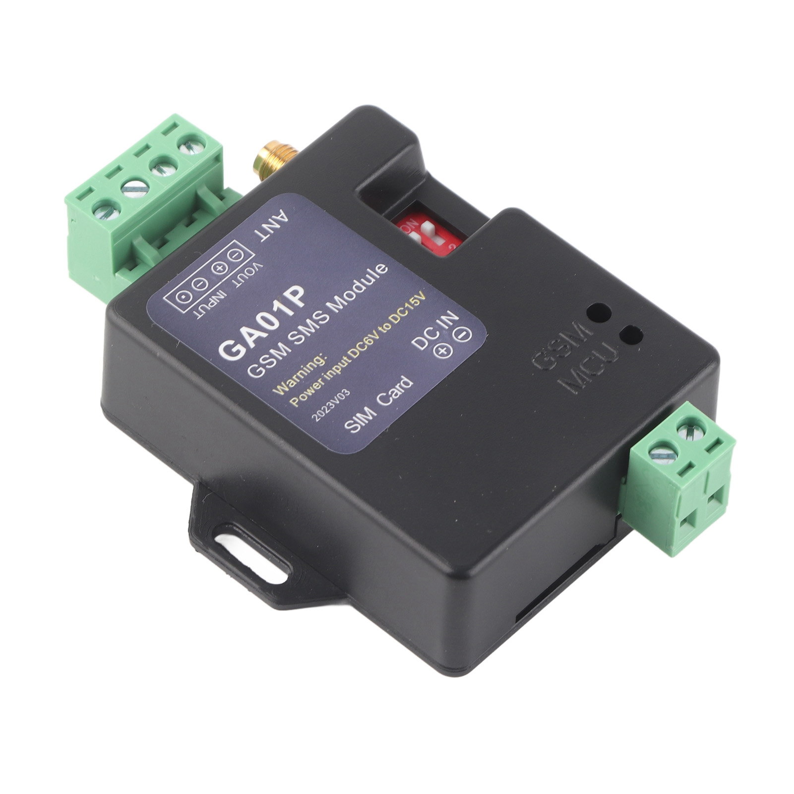 Schwarzes GSM-SMS-Modul mit verschiedenen Ein-/Ausgangsanschlüssen und einem SIM-Kartensteckplatz.