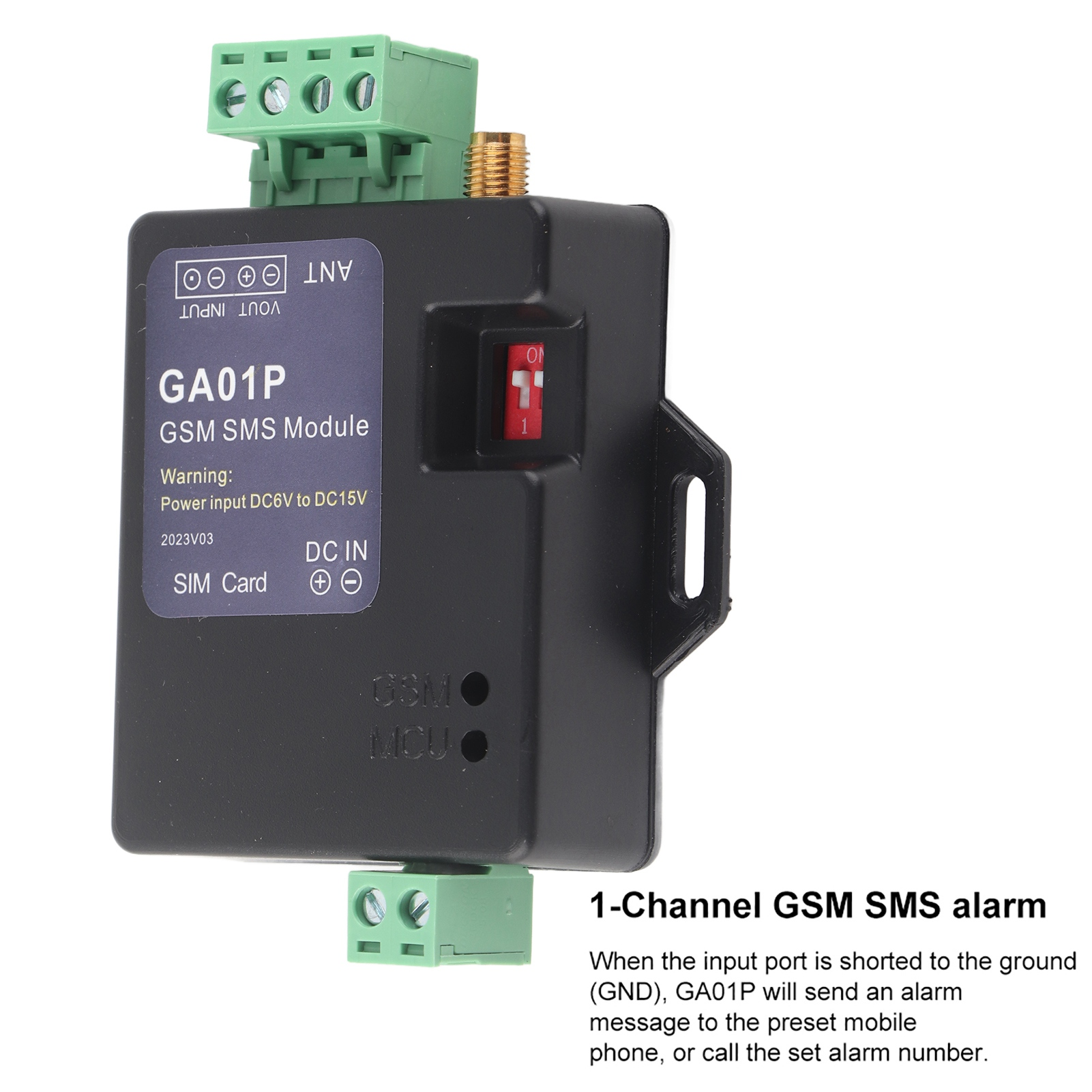 Schwarzes GA01P GSM SMS Modul mit grünen Steckern und SIM-Karten-Slot. Text auf Etikett.
