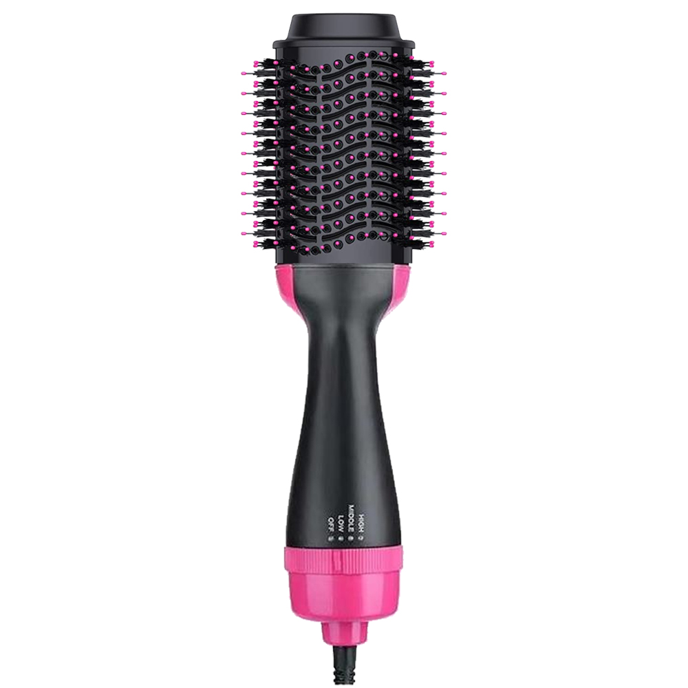 Eine schwarz-rosa Heißluftbürste mit mehreren Heizeinstellungen.
