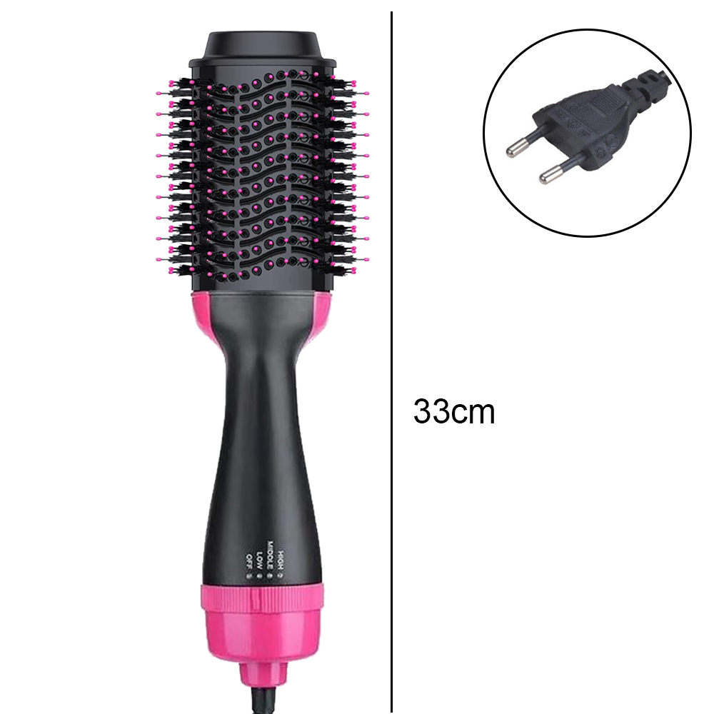 Schwarze und rosa Haartrocknerbürste mit Stecker. Die Größe beträgt 33 cm.