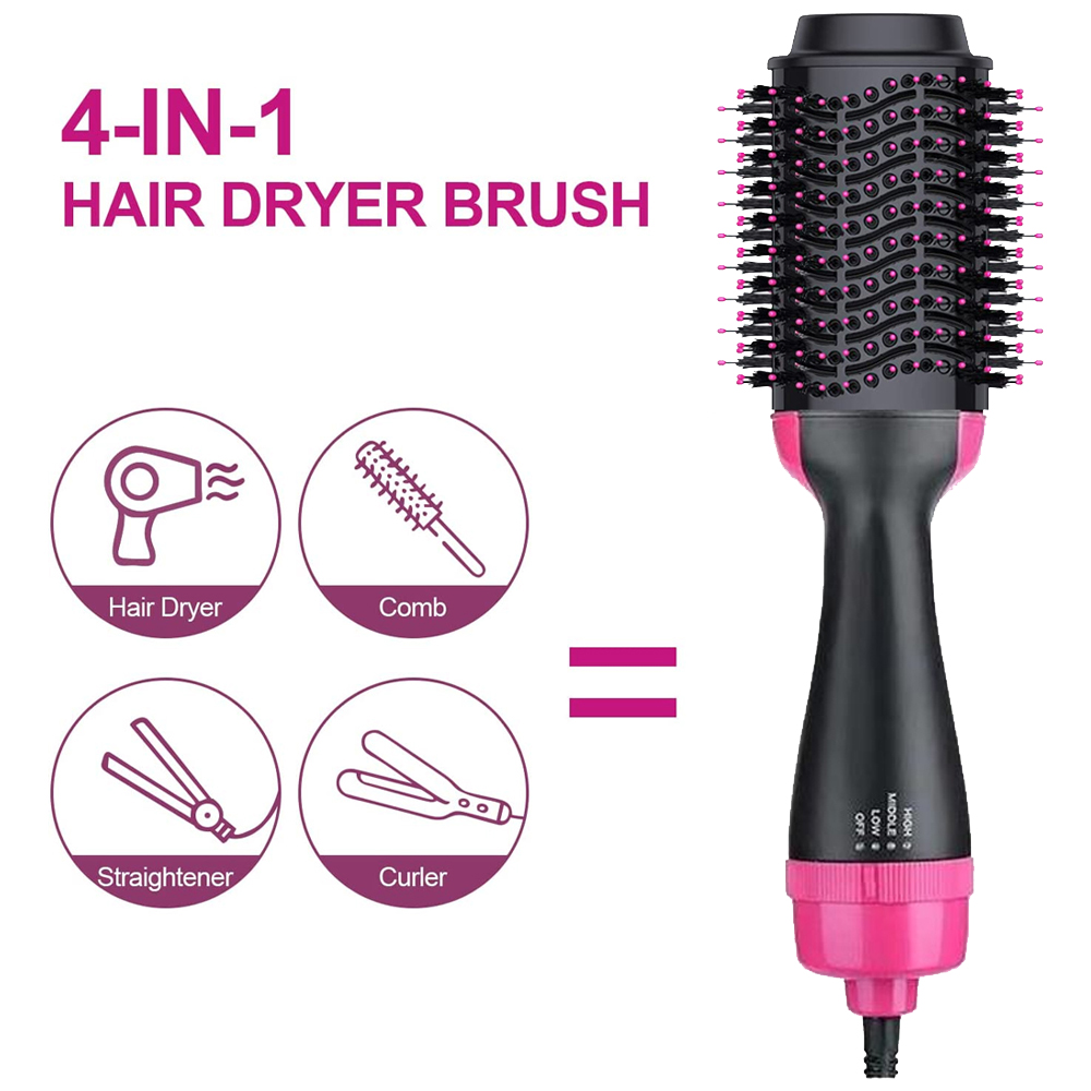 Eine 4-in-1-Haartrocknerbürste mit rosa Basis, schwarzem Griff und verschiedenen Aufsätzen.