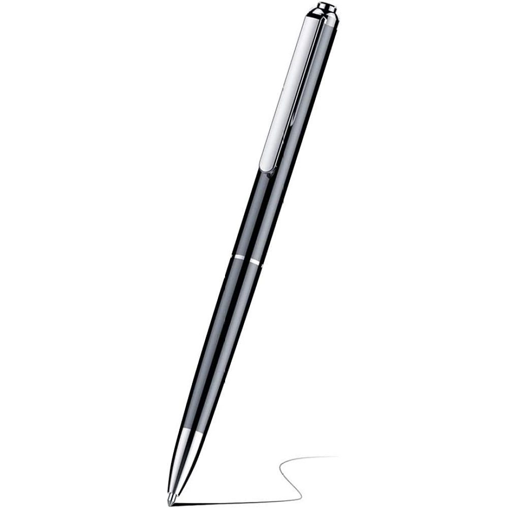 Ein silberner Stift mit schwarzem Teil. Der Stift ist vor weißem Hintergrund, mit einem geschwungenen Tintenstrich.