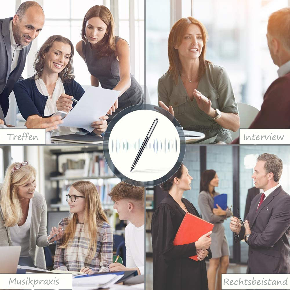 Bilder von Menschen in Meetings, Interviews und rechtlichen Umgebungen. Ein Stift wird hervorgehoben.