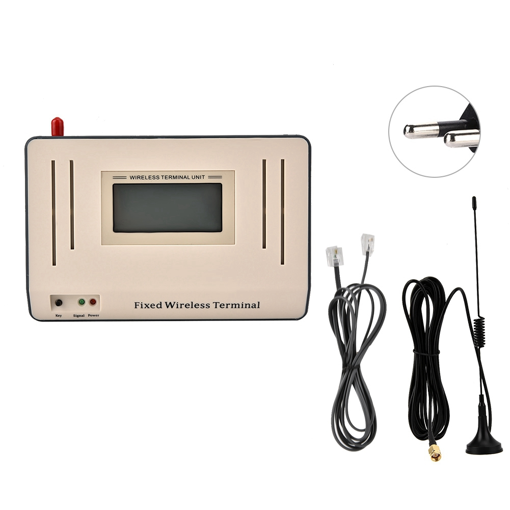 Beige Festfunkterminal mit Antenne, Kabeln und Netzstecker.