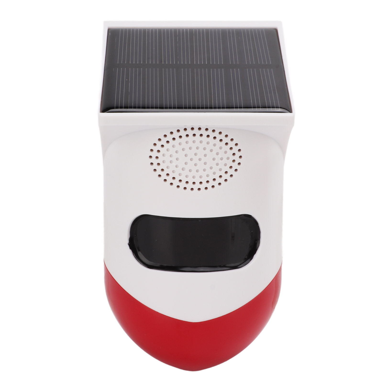 Solarbetriebener Alarm mit weißem Gehäuse, rotem Boden und schwarzem Solarpanel. Lautsprecher und Sensor sichtbar.