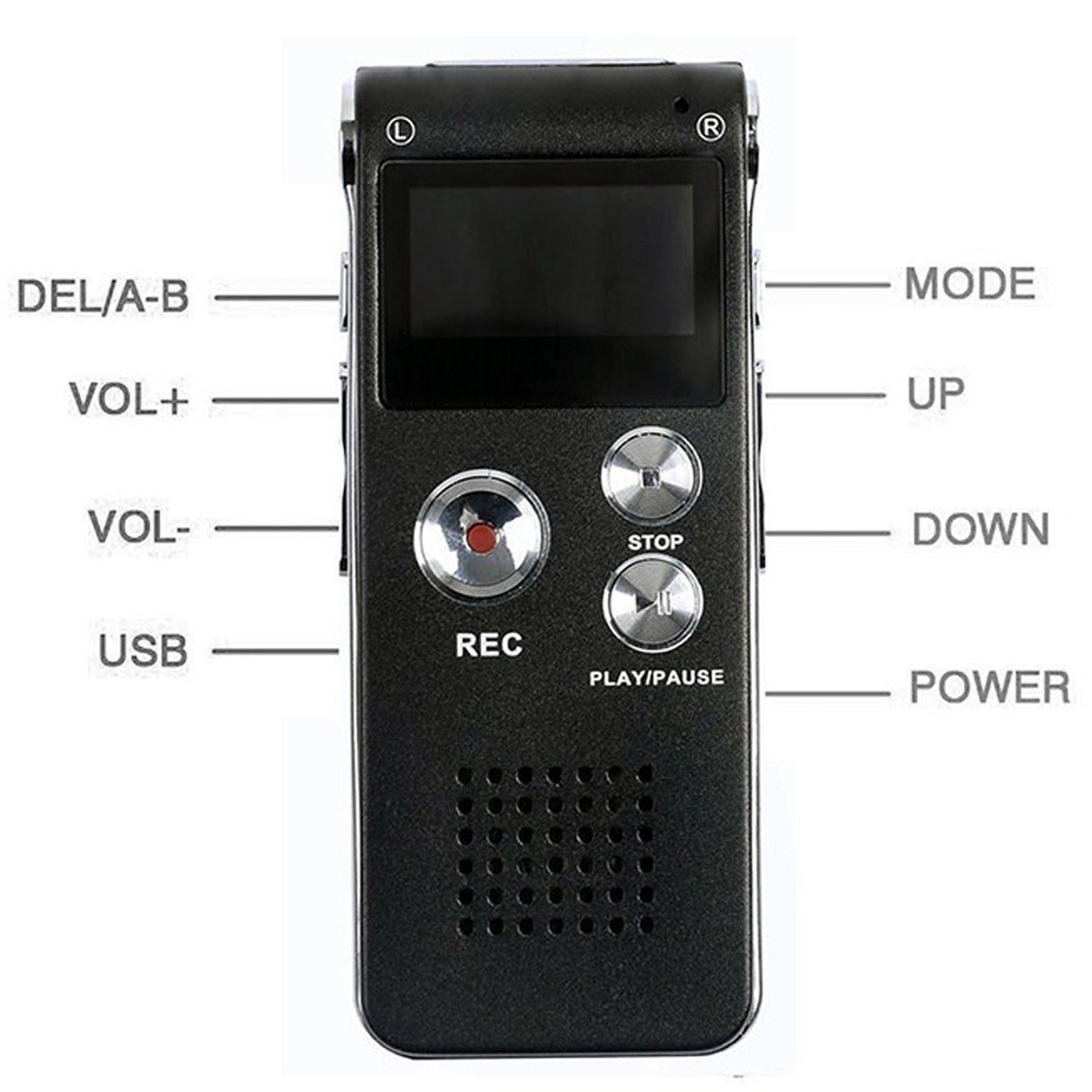 Schwarzes digitales Diktiergerät mit Tasten für verschiedene Funktionen: USB, REC, Power usw.