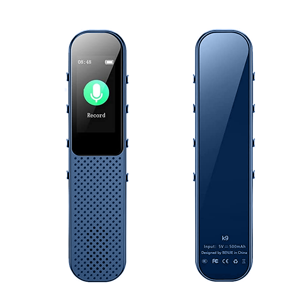 Ein blaues Diktiergerät. Es zeigt ein Aufnahme-Symbol auf dem Bildschirm. Hat eine Batterie und das Wort Aufnahme.