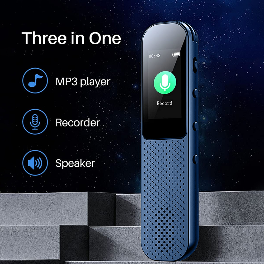 Blauer MP3-Player mit Mikrofon-, Recorder- und Lautsprechersymbolen. Es ist drei in eins.