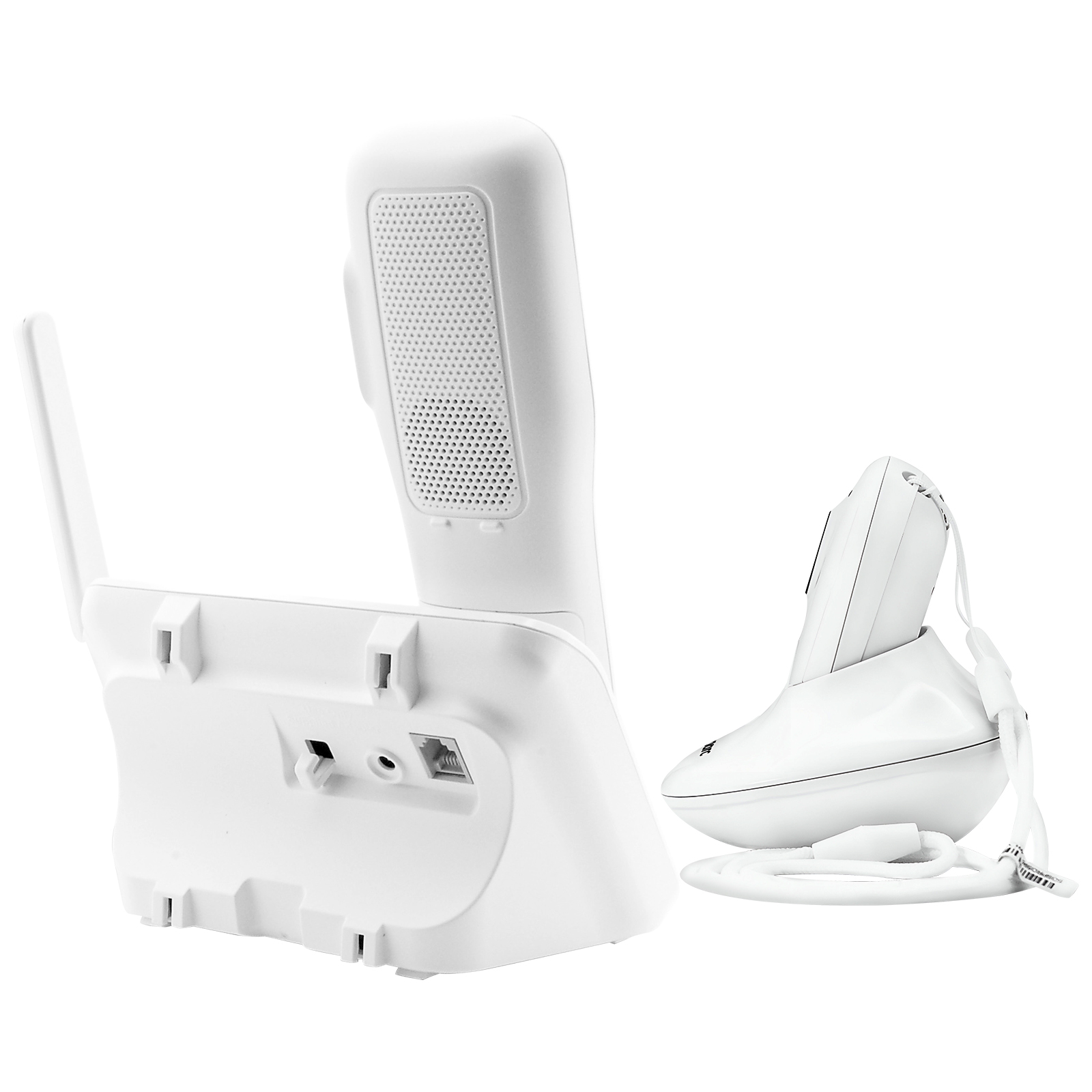 Weiße schnurlose Telefonbasis und Handset. Verfügt über einen Lautsprecher und eine Antenne.