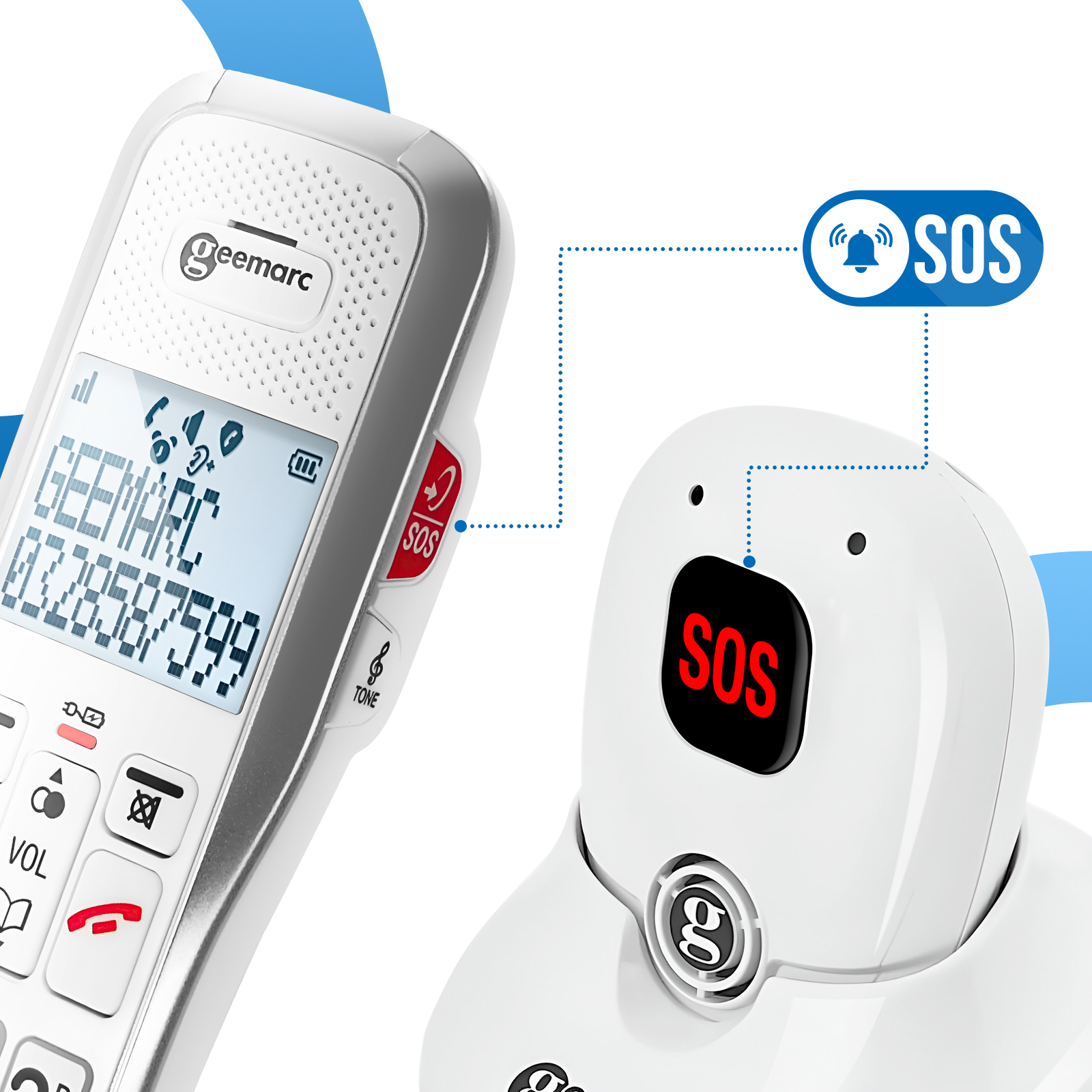Weißes Telefon mit roter SOS-Taste und SOS-Anrufsymbol. Basis mit SOS-Taste.