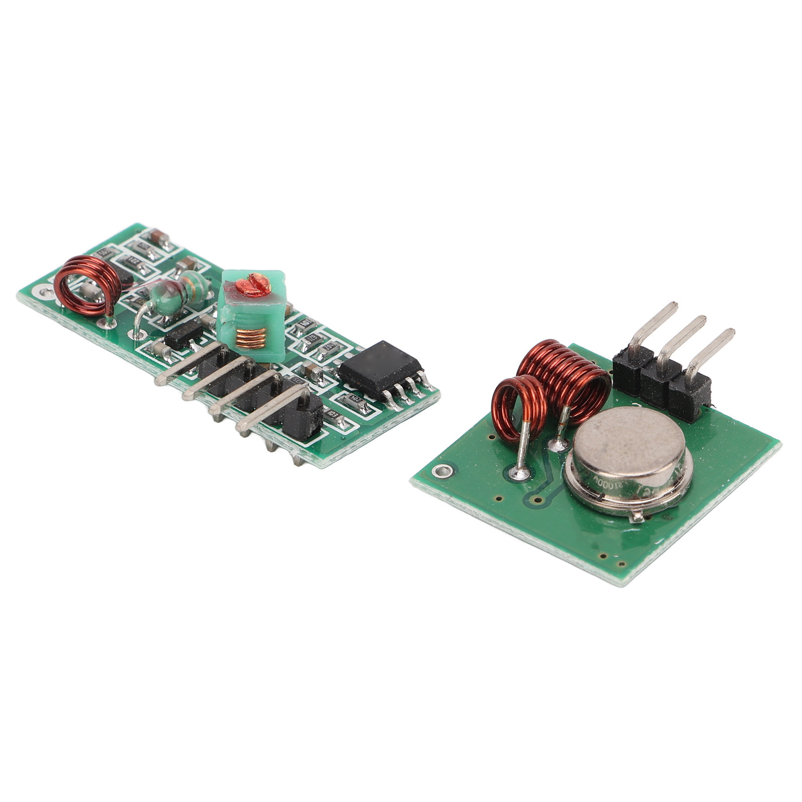 Zwei elektronische Bauteile auf grünen Leiterplatten, mit verschiedenen Teilen.