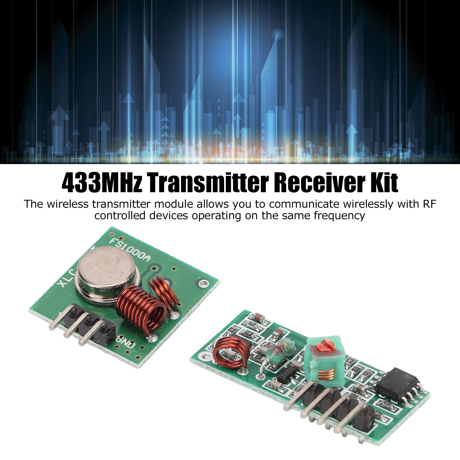 Ein 433MHz Sender-Empfänger-Kit. Zwei grüne Leiterplatten mit Komponenten werden gezeigt. Der Hintergrund ist blau.