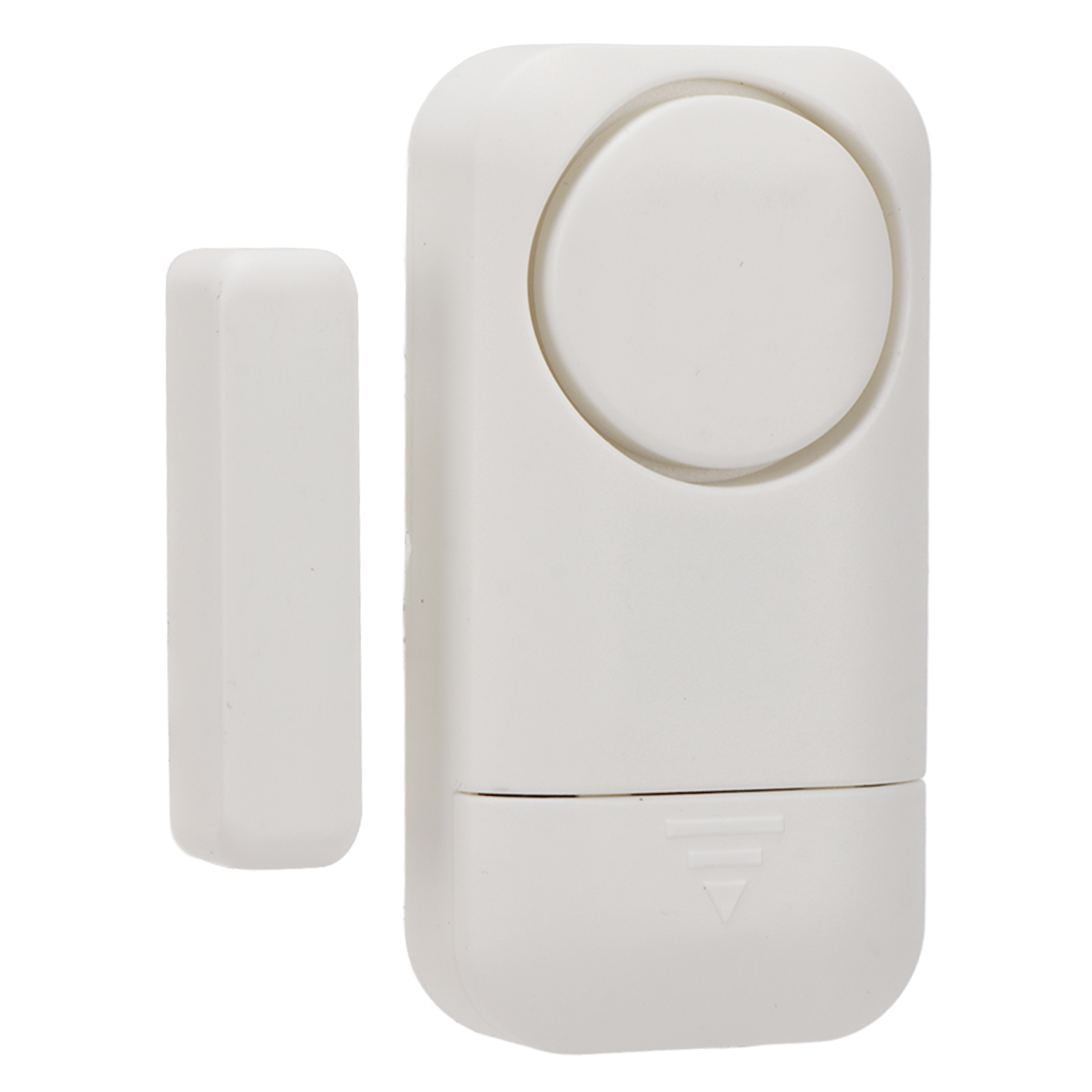 Weißer Alarm mit separatem Sensor. Alarm ist rechteckig. Weißer Hintergrund.